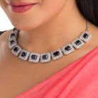 "Navy blue square zircon short necklace offers vibrant, chic elegance."
