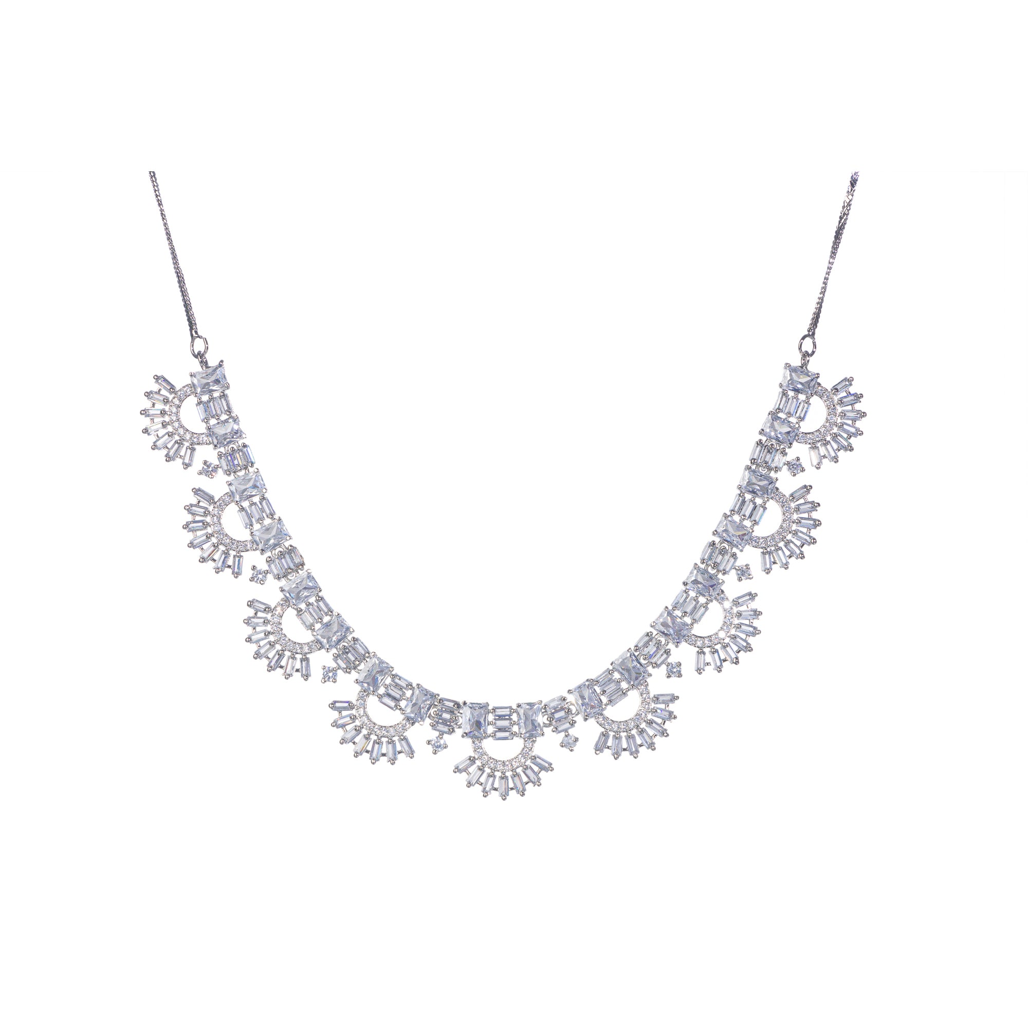 "Zircon necklace with infinity design symbolizes timeless elegance."
