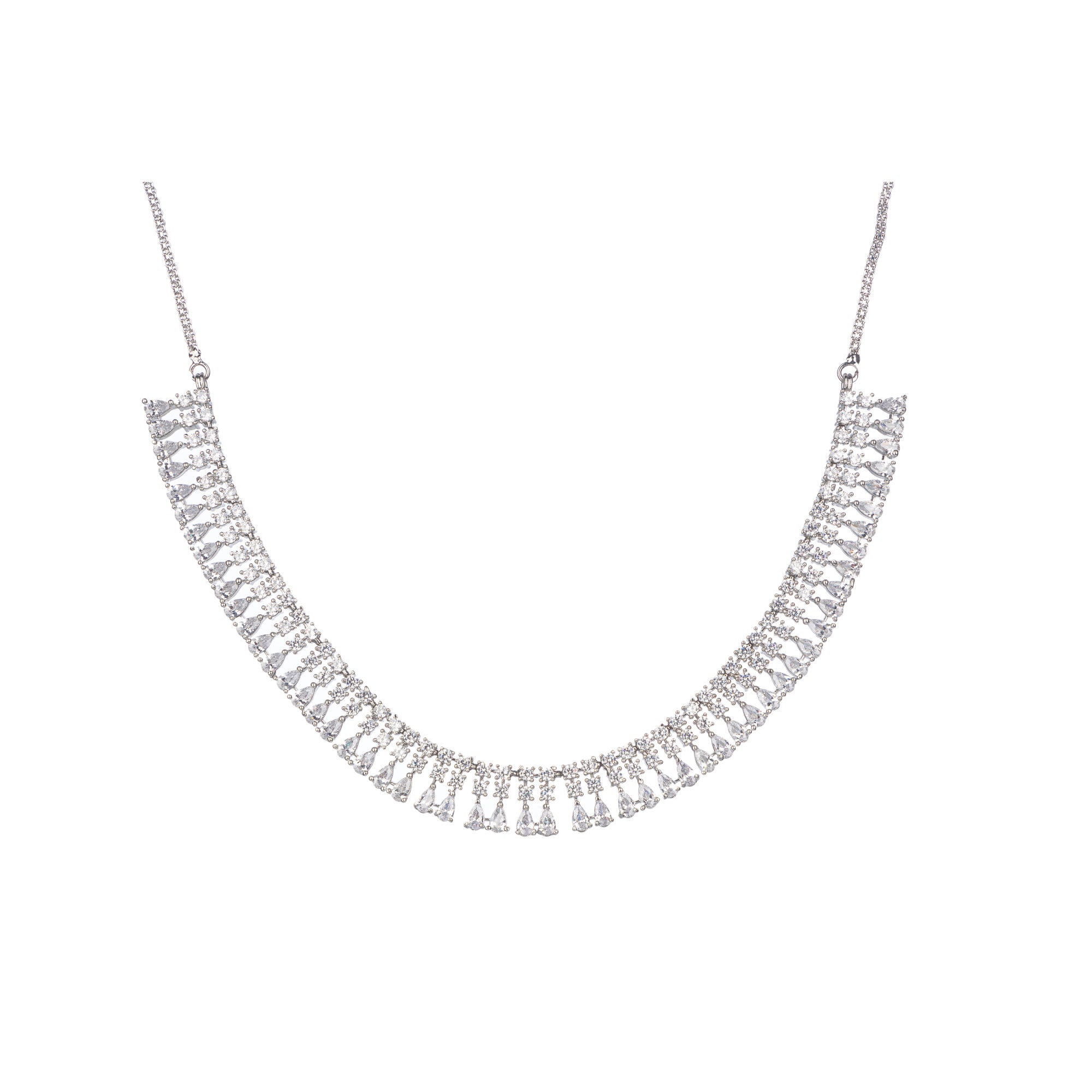 "White zircon necklace offers timeless elegance with sparkling clarity."
