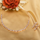 "Rose gold zircon necklace radiates timeless elegance with a warm shine."
