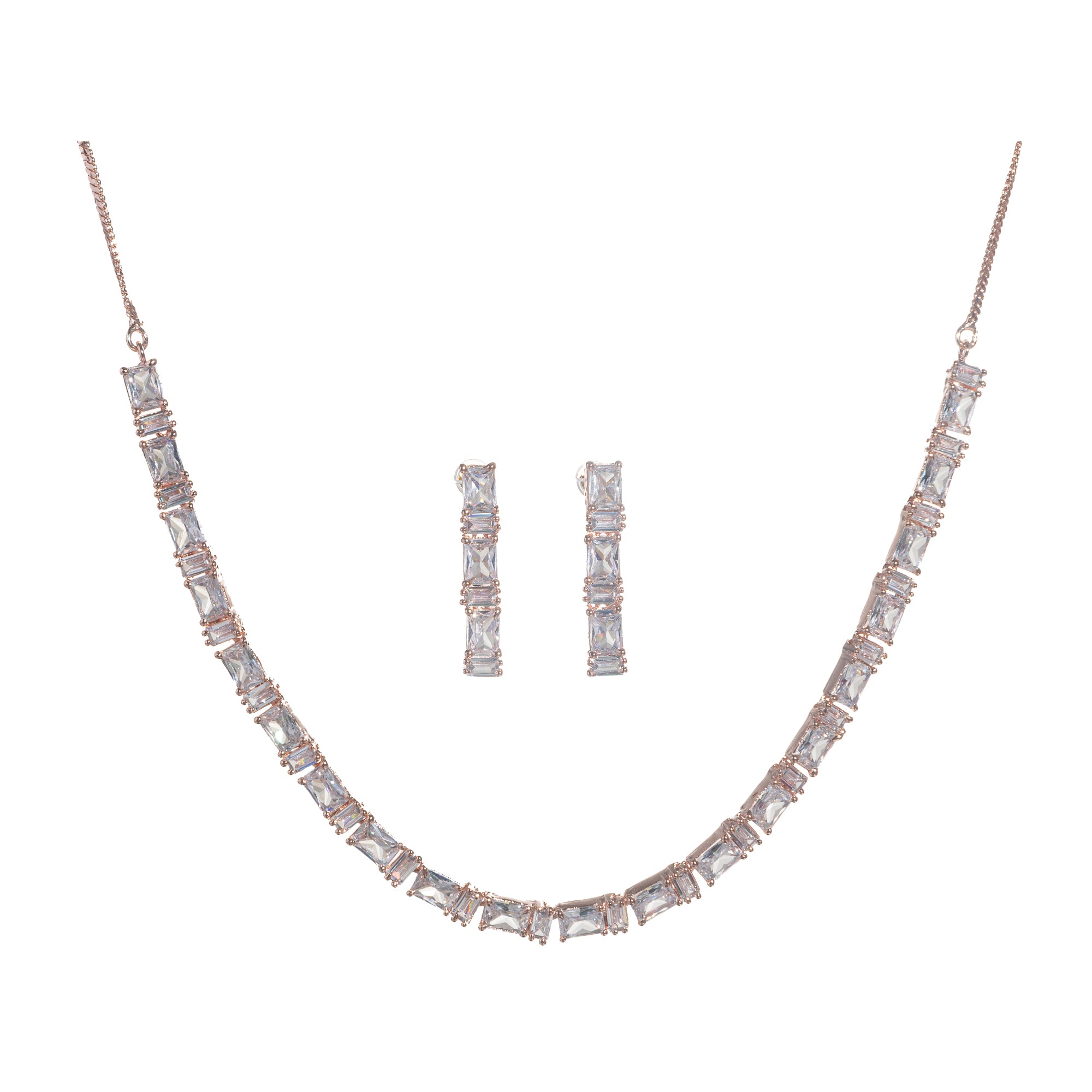 "Rose gold zircon necklace radiates timeless elegance with a warm shine."
