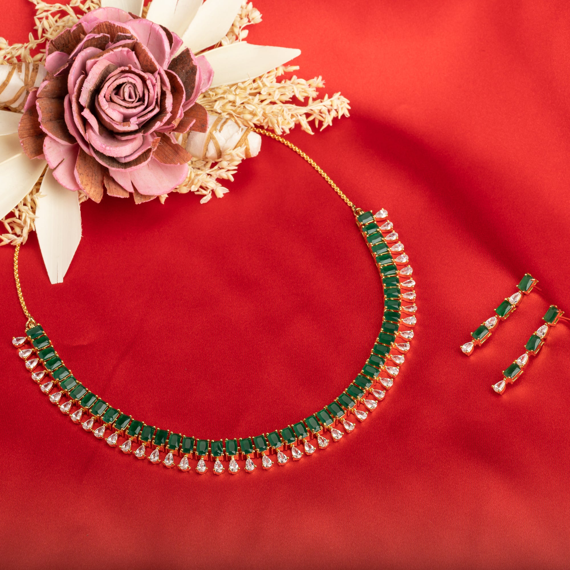 "Elegant green zircon necklace offers a vibrant splash of color and brilliance."
