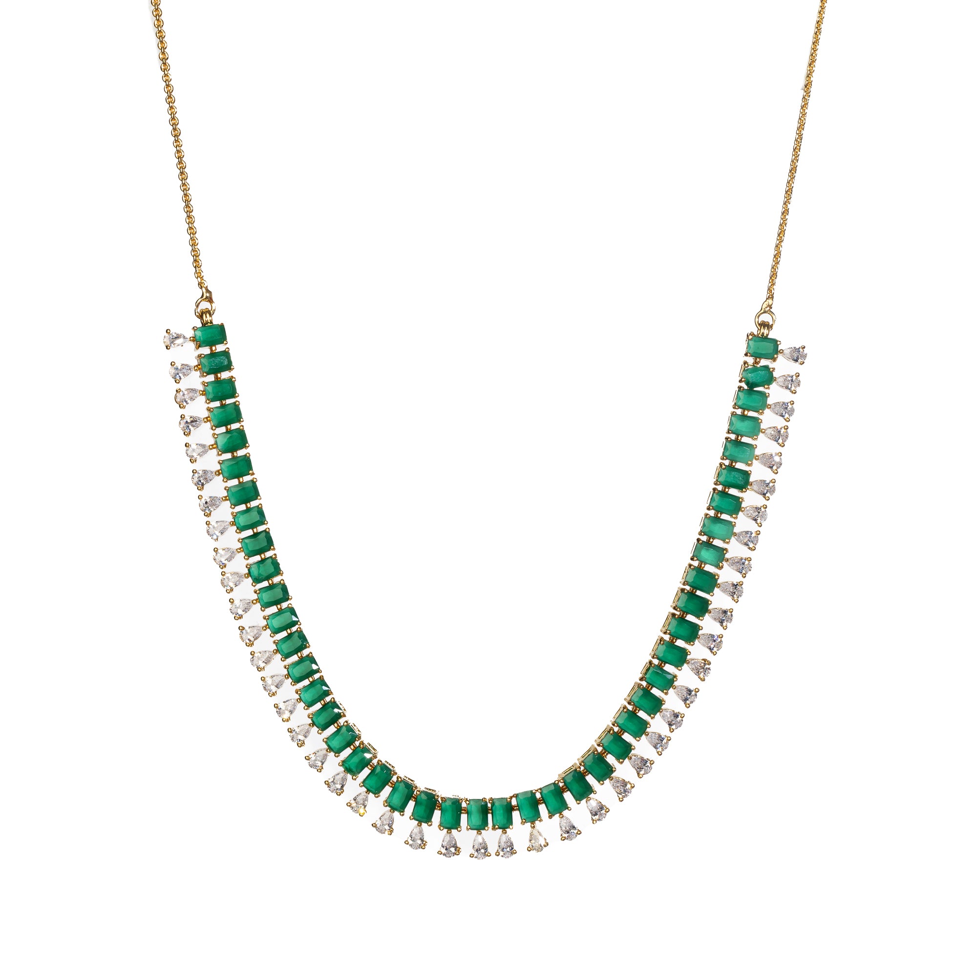 "Elegant green zircon necklace offers a vibrant splash of color and brilliance."
