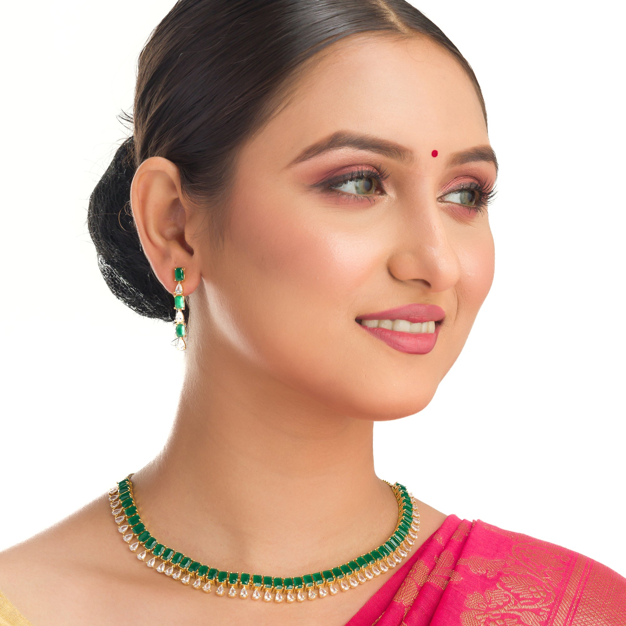 "Elegant green zircon necklace offers a vibrant splash of color and brilliance."
