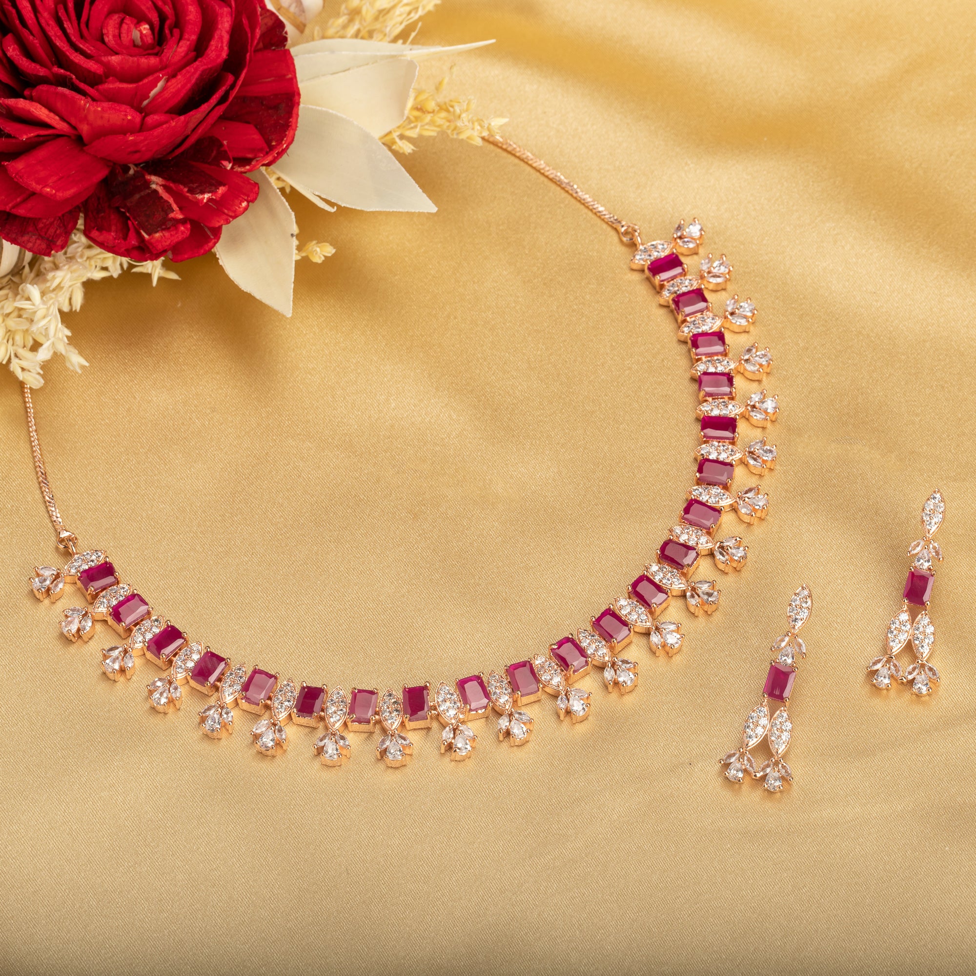 "Rose gold zircon necklace exudes timeless elegance with a warm, radiant shine."
