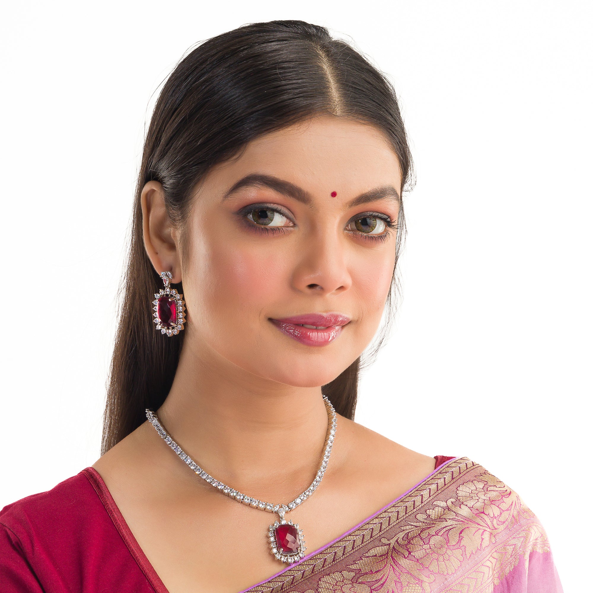 "Rich maroon zircon pendant necklace adds sophistication and elegance."
