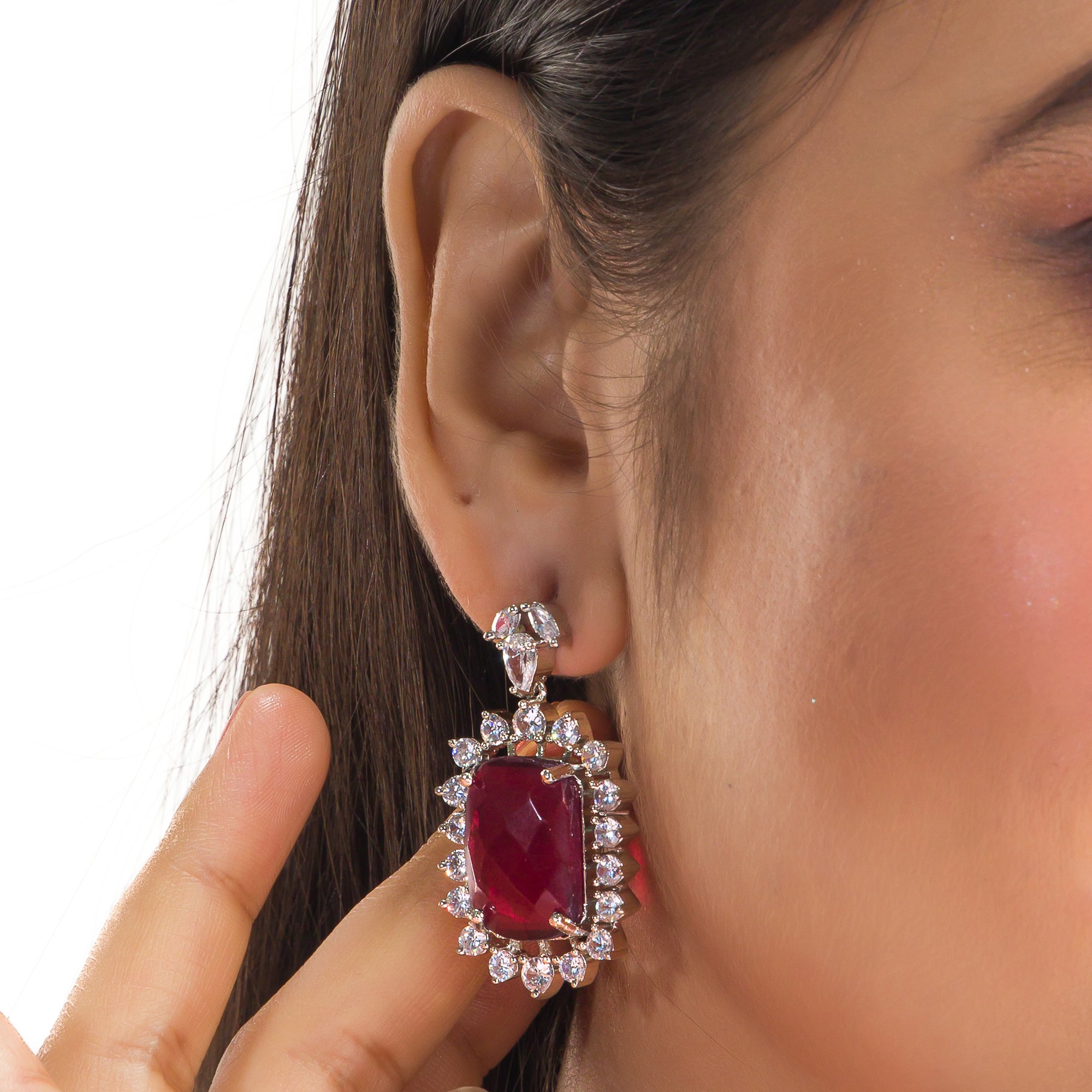 "Rich maroon zircon pendant necklace adds sophistication and elegance."
