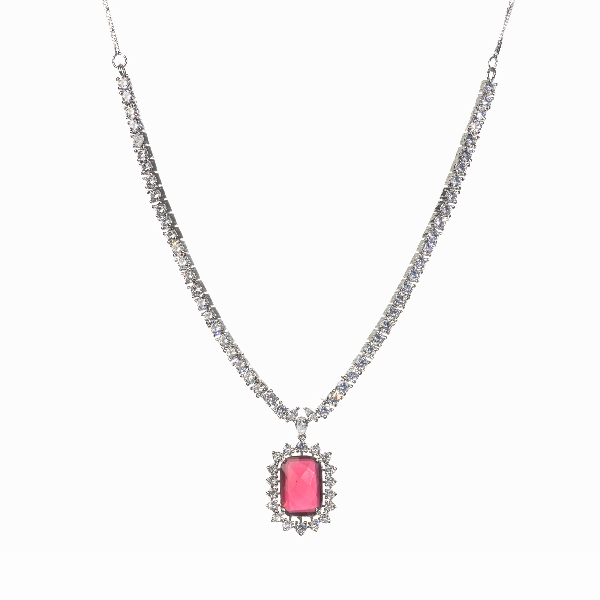 "Rich maroon zircon pendant necklace adds sophistication and elegance."
