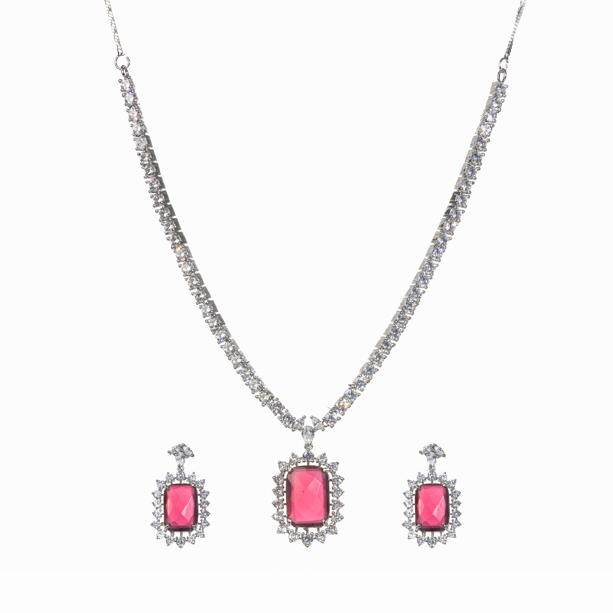"Rich maroon zircon pendant necklace adds sophistication and elegance."
