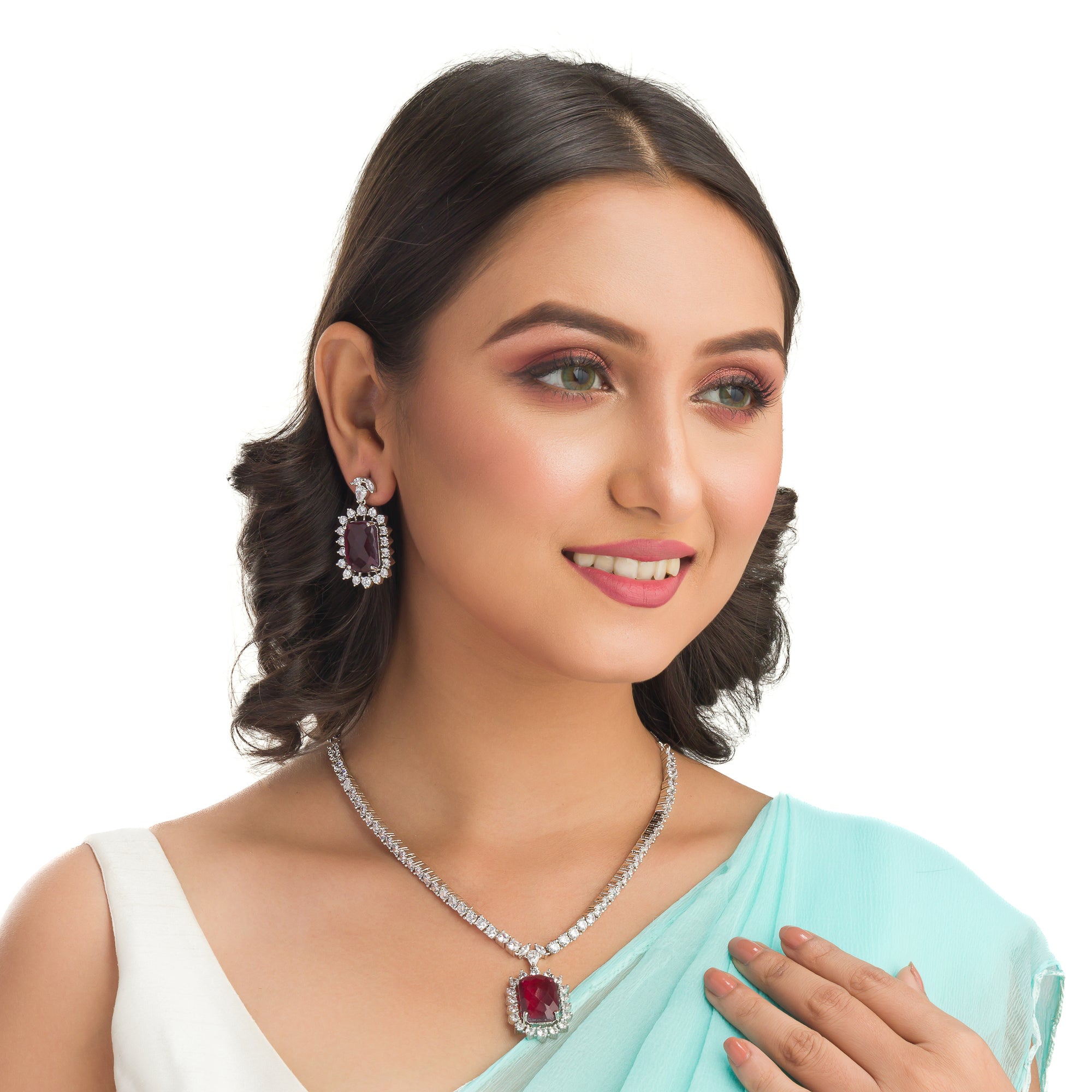 "Rich maroon zircon pendant necklace adds sophistication and elegance."
