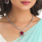 "Rich maroon zircon pendant necklace adds sophistication and elegance."

