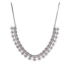"Square and floral zircon necklace in rose gold blends geometric and floral elegance."
