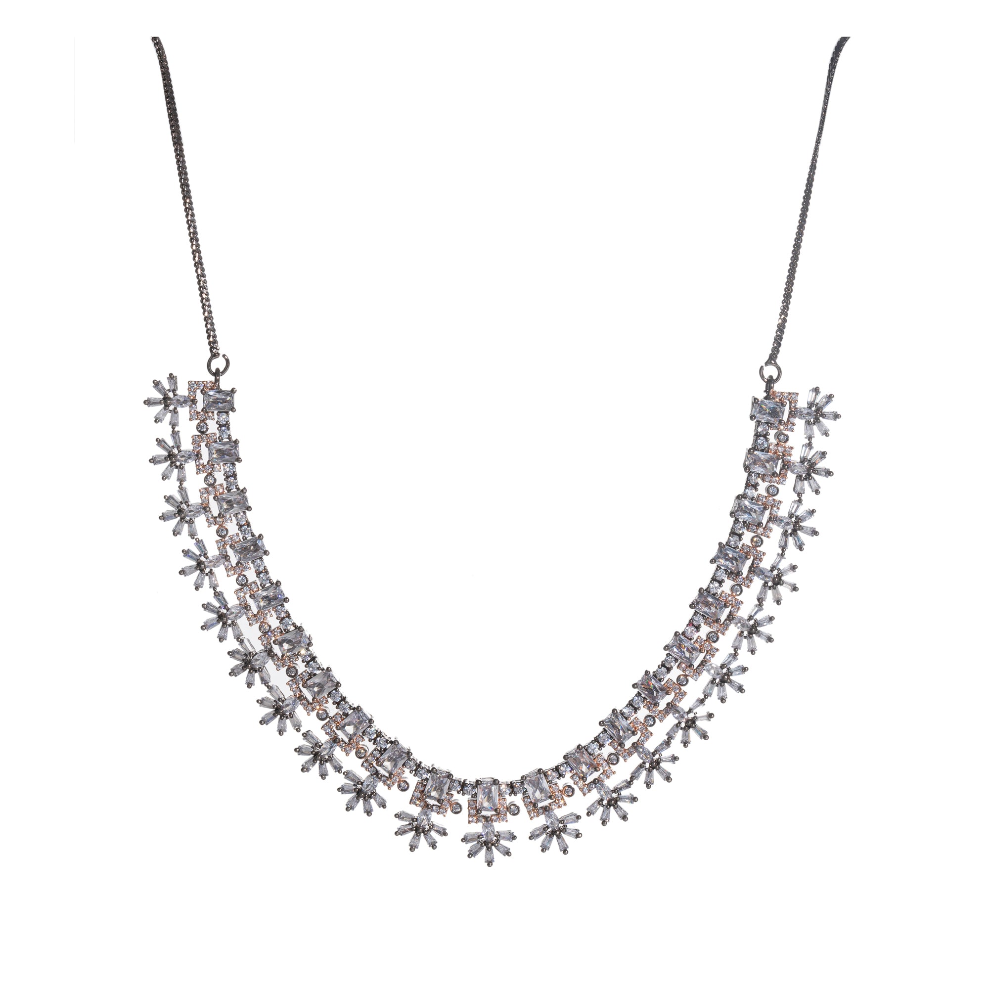 "Square and floral zircon necklace in rose gold blends geometric and floral elegance."
