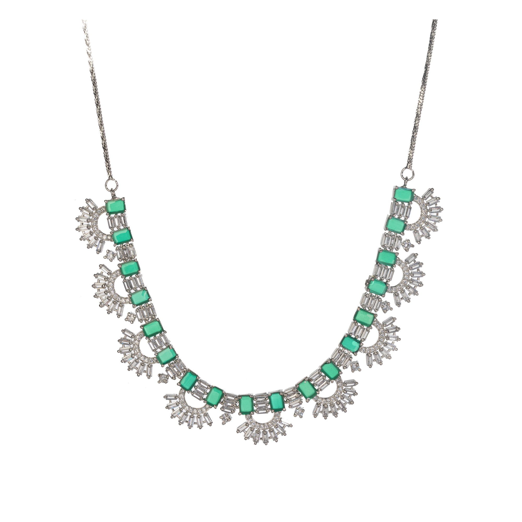 "Green and white zircon necklace in silver delivers a refined, striking elegance."
