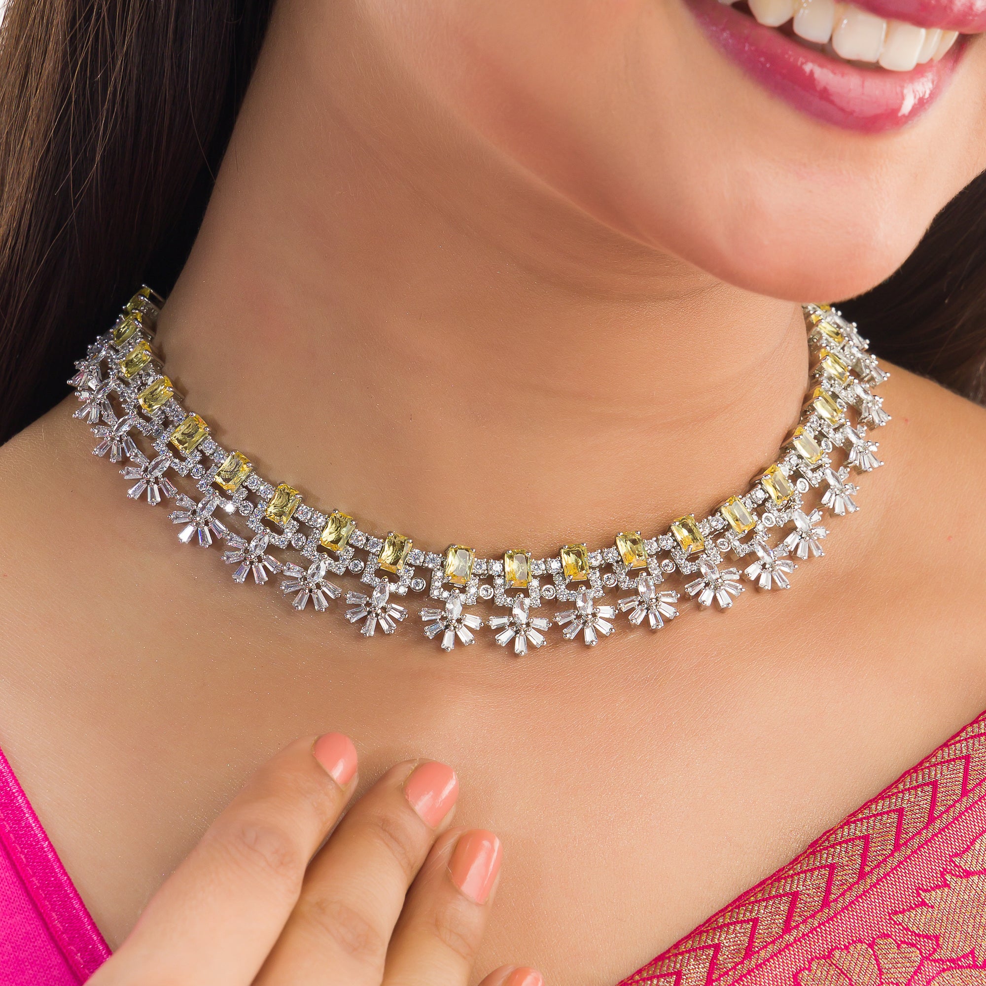 Rose gold necklace with yellow zircon brings radiant charm and warmth to your look.
