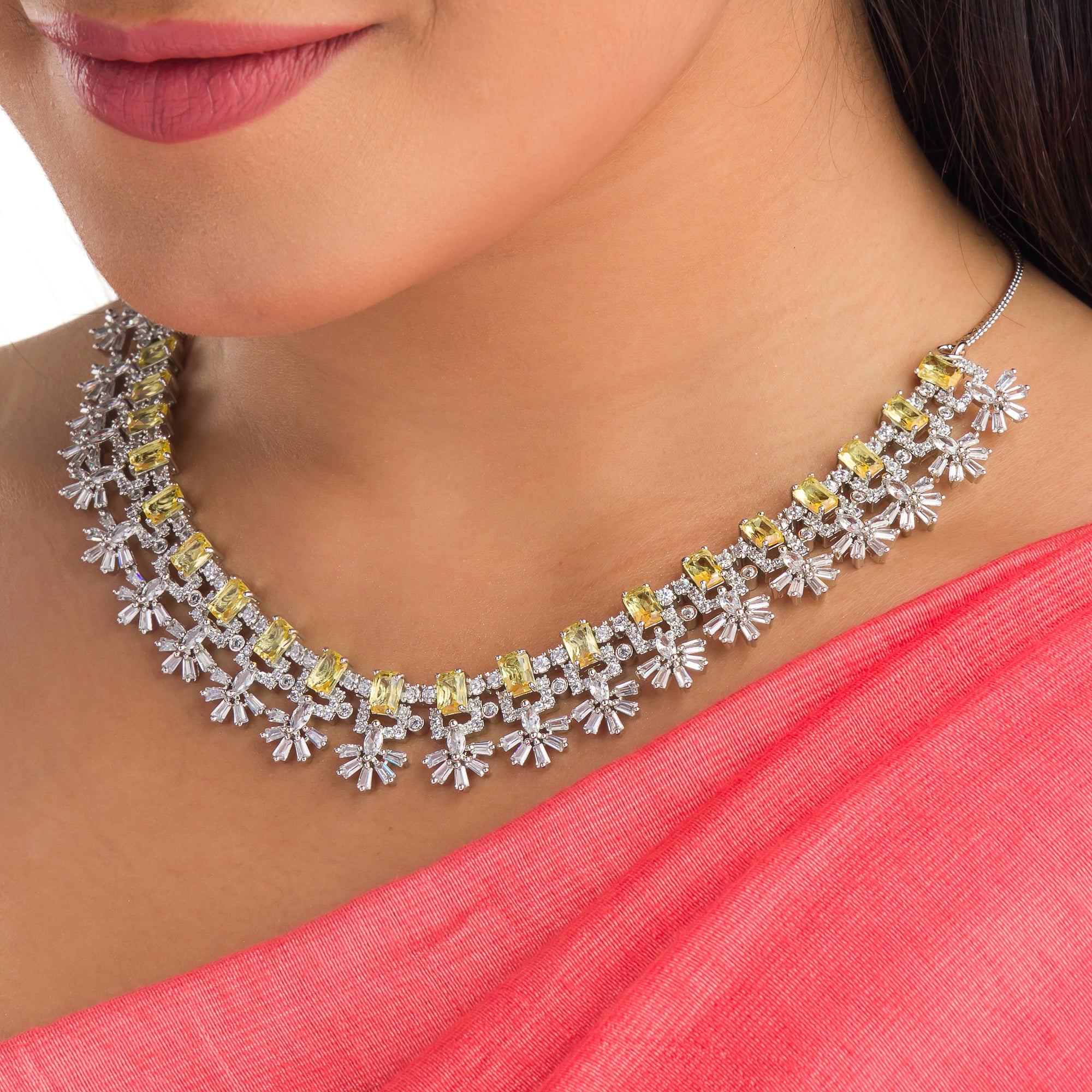 Rose gold necklace with yellow zircon brings radiant charm and warmth to your look.
