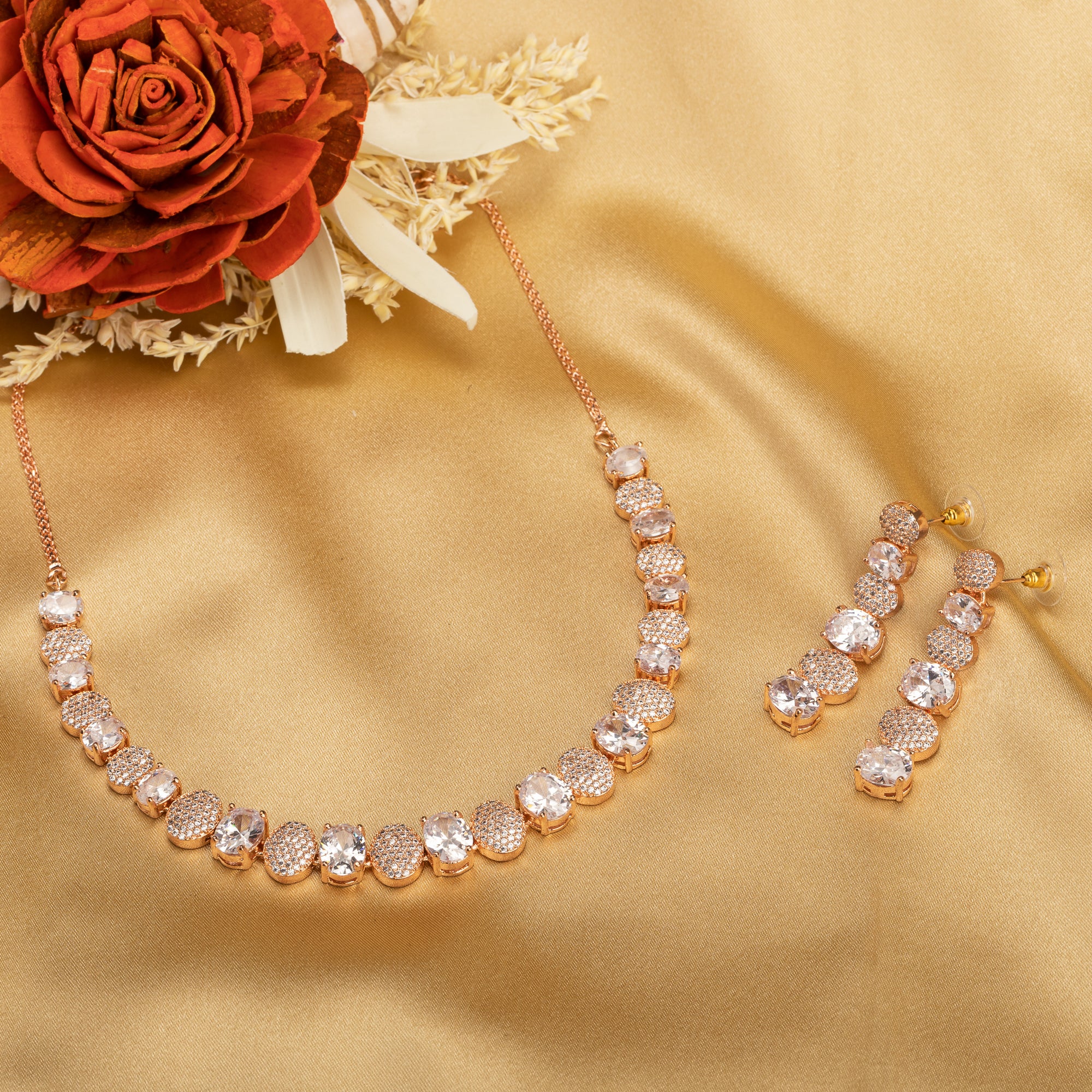 "Rose gold necklace with zircon round stones offers refined elegance and timeless appeal.
