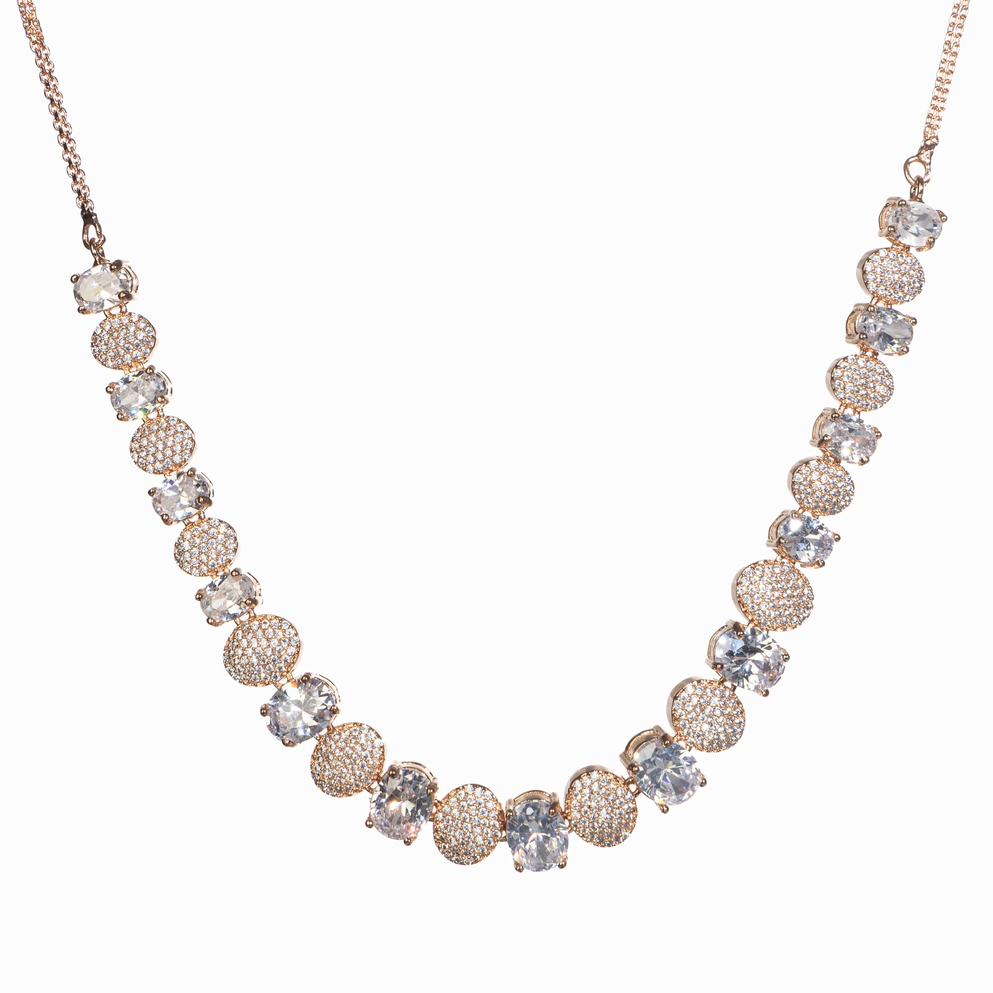 "Rose gold necklace with zircon round stones offers refined elegance and timeless appeal.
