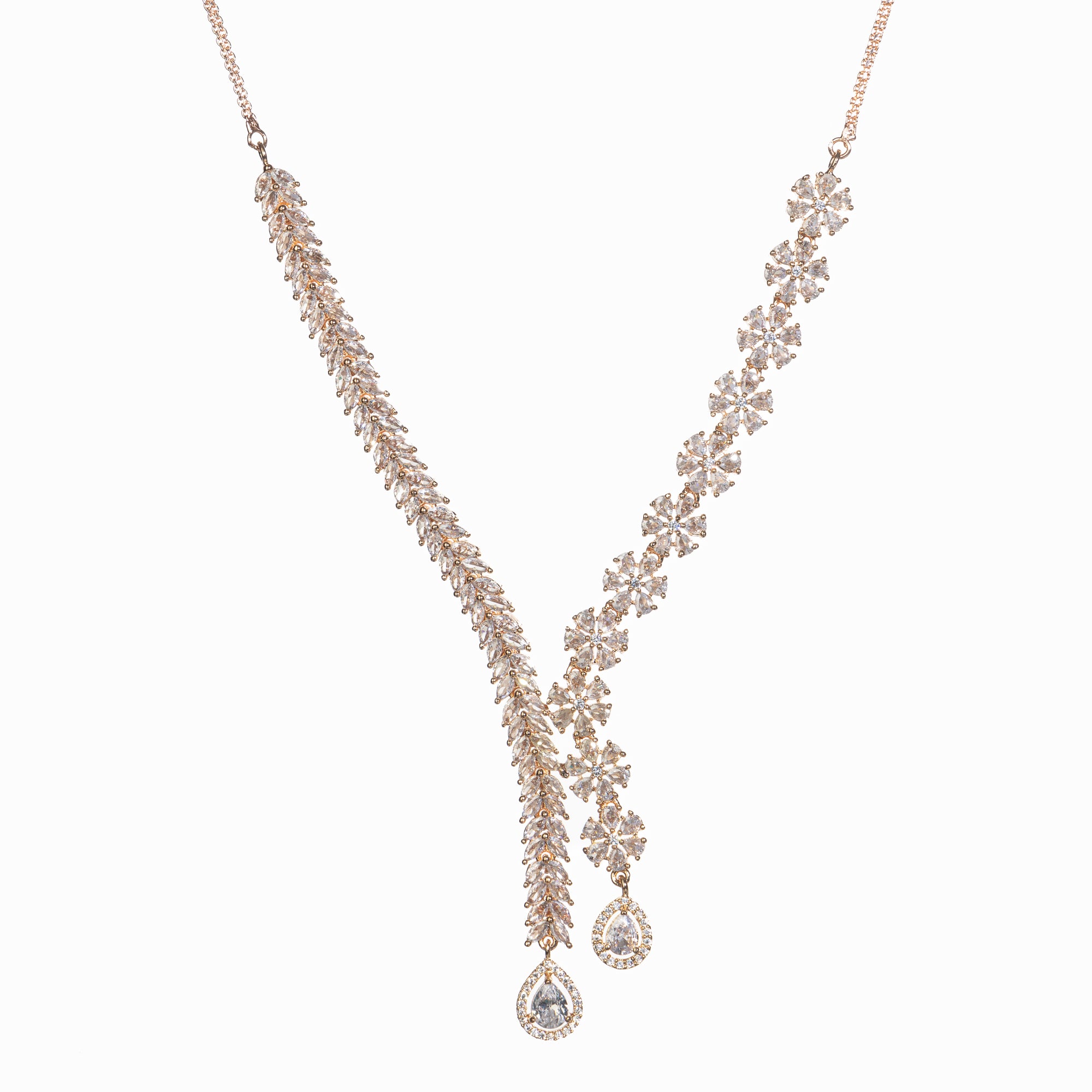 "Flower and leaf design zircon necklace in rose gold offers chic elegance and timeless style."
