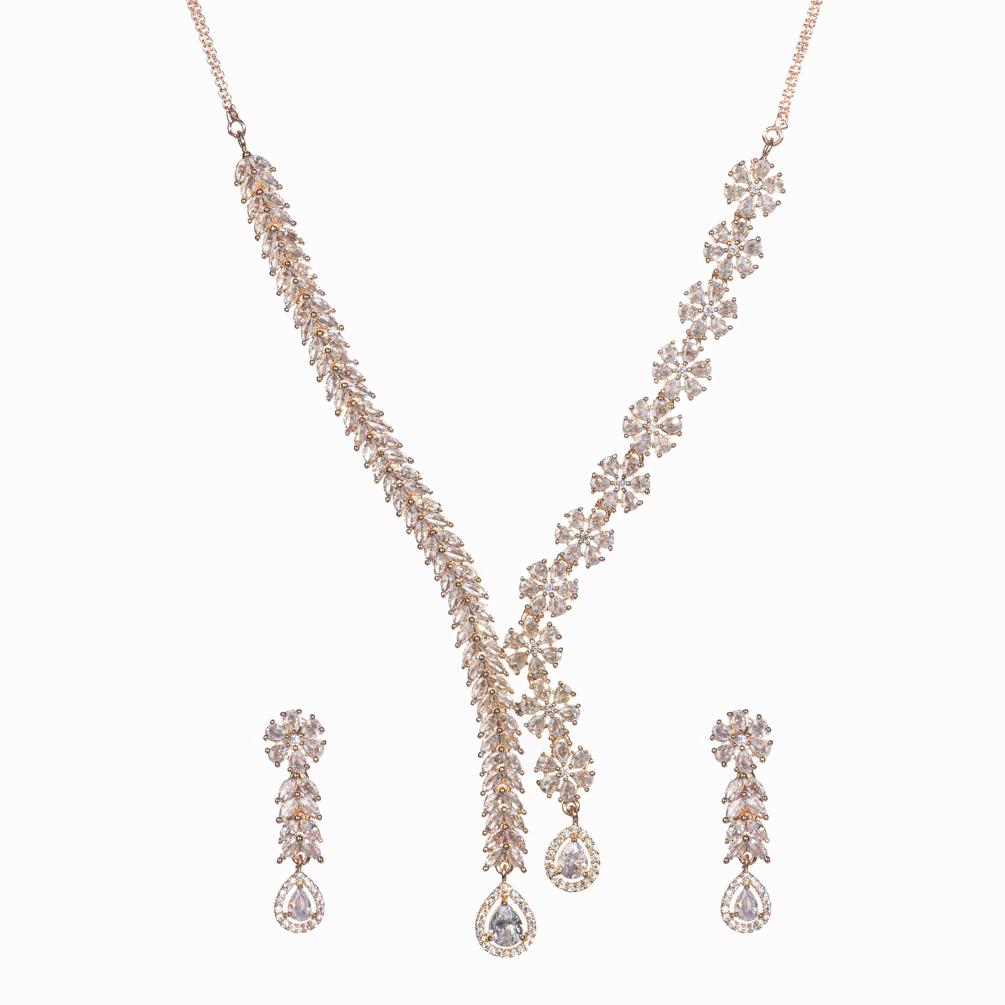 "Flower and leaf design zircon necklace in rose gold offers chic elegance and timeless style."
