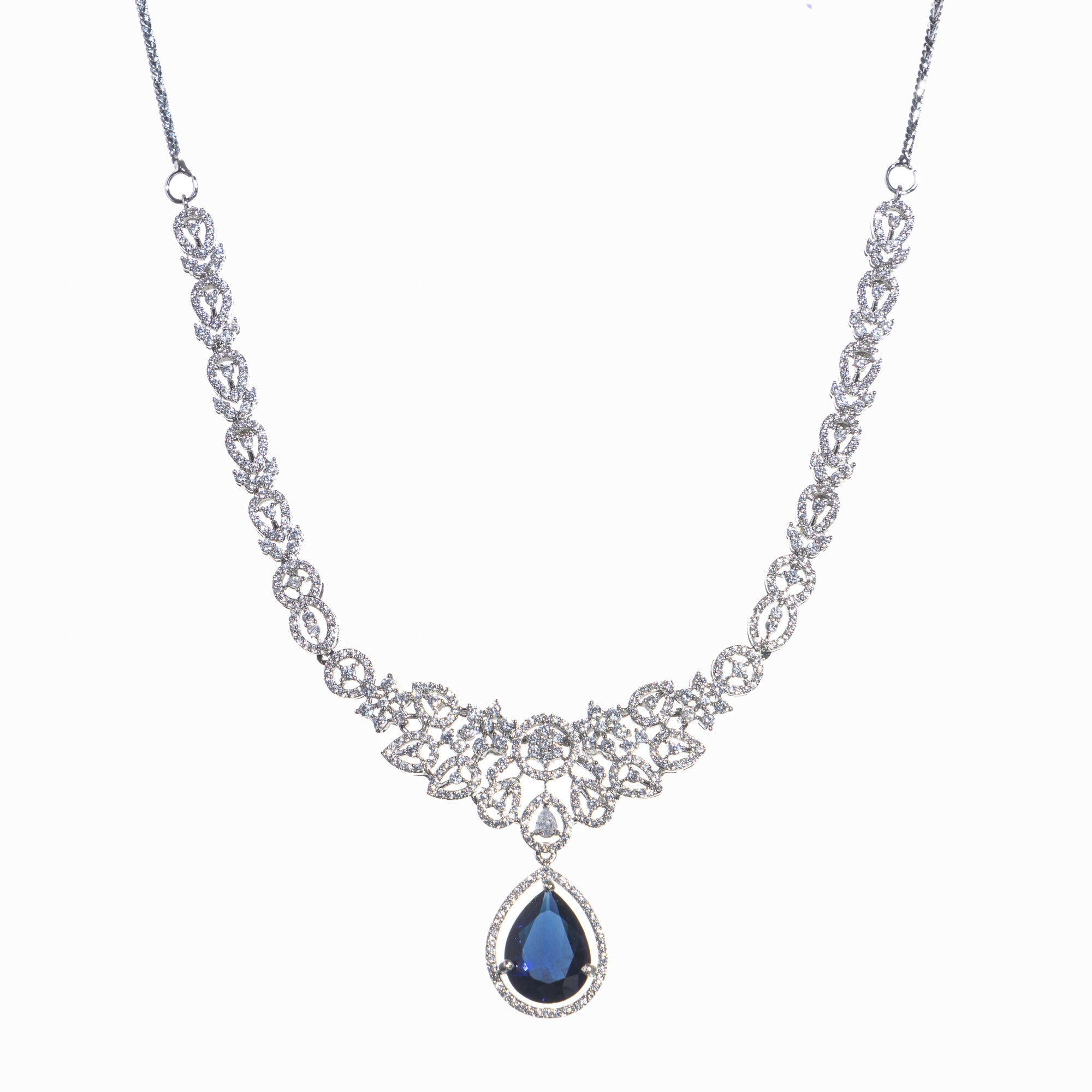 "Navy blue zircon necklace with large stone makes a bold, elegant statement for any occasion."

