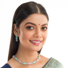 "Trendy pink and green zircon necklace in square design offers chic, modern elegance."

