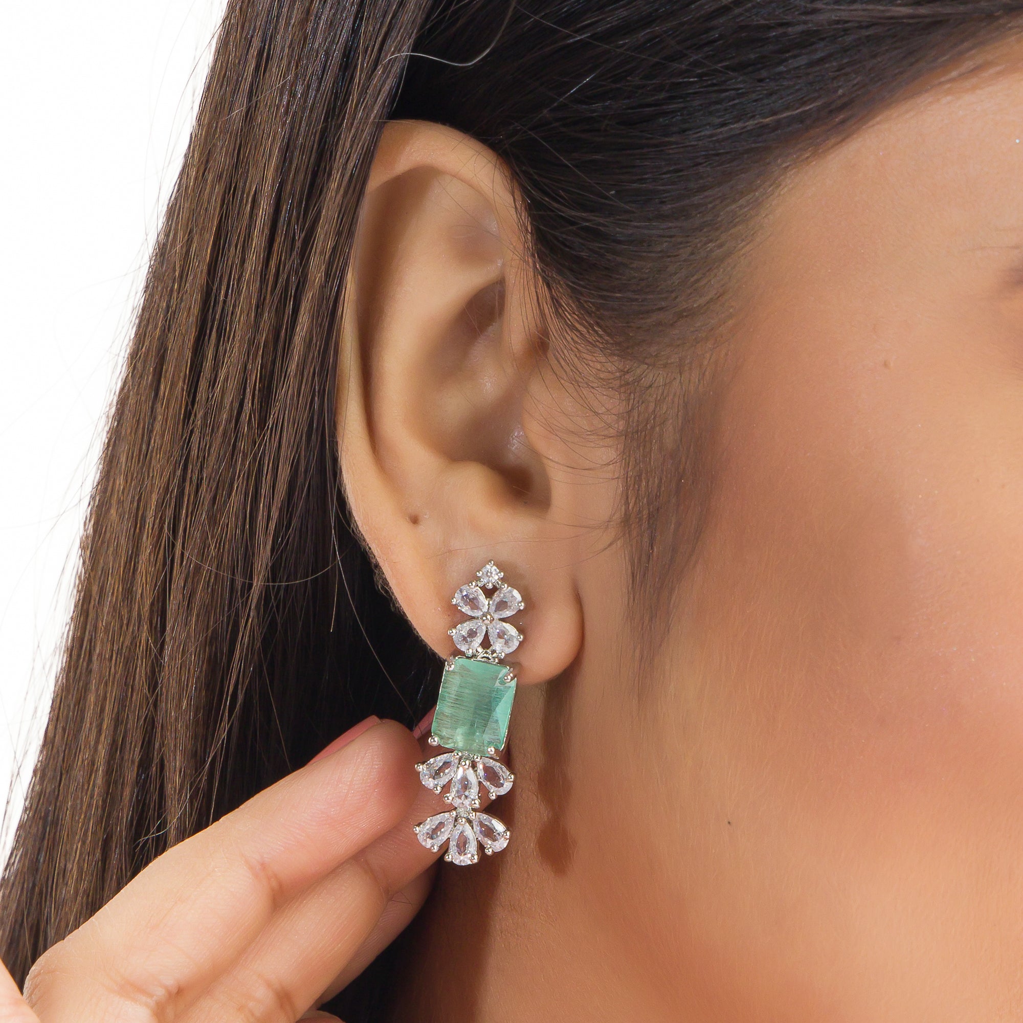 "Trendy pink and green zircon necklace in square design offers chic, modern elegance."
