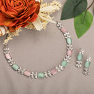 "Trendy pink and green zircon necklace in square design offers chic, modern elegance."
