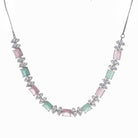 "Trendy pink and green zircon necklace in square design offers chic, modern elegance."
