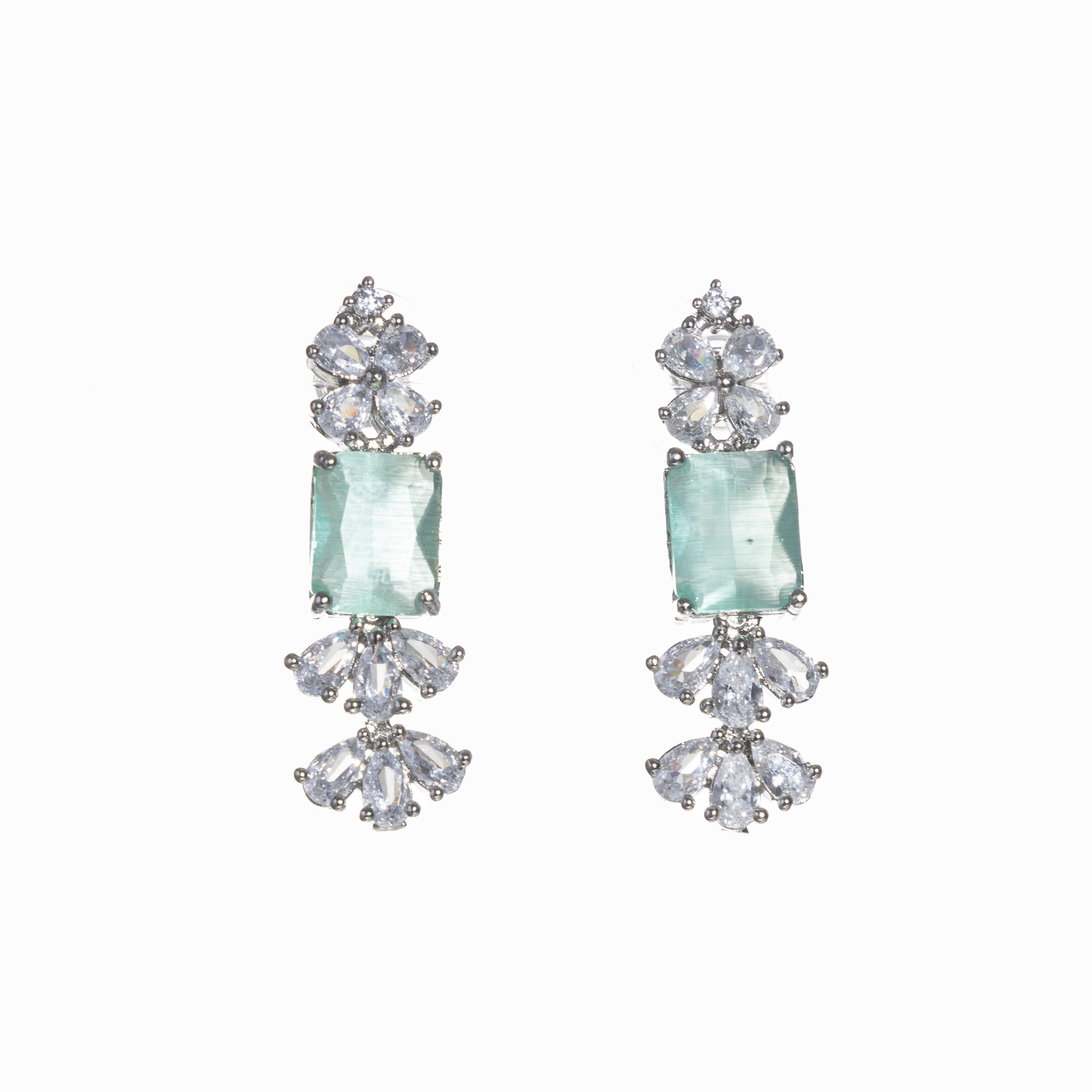 "Trendy pink and green zircon necklace in square design offers chic, modern elegance."
