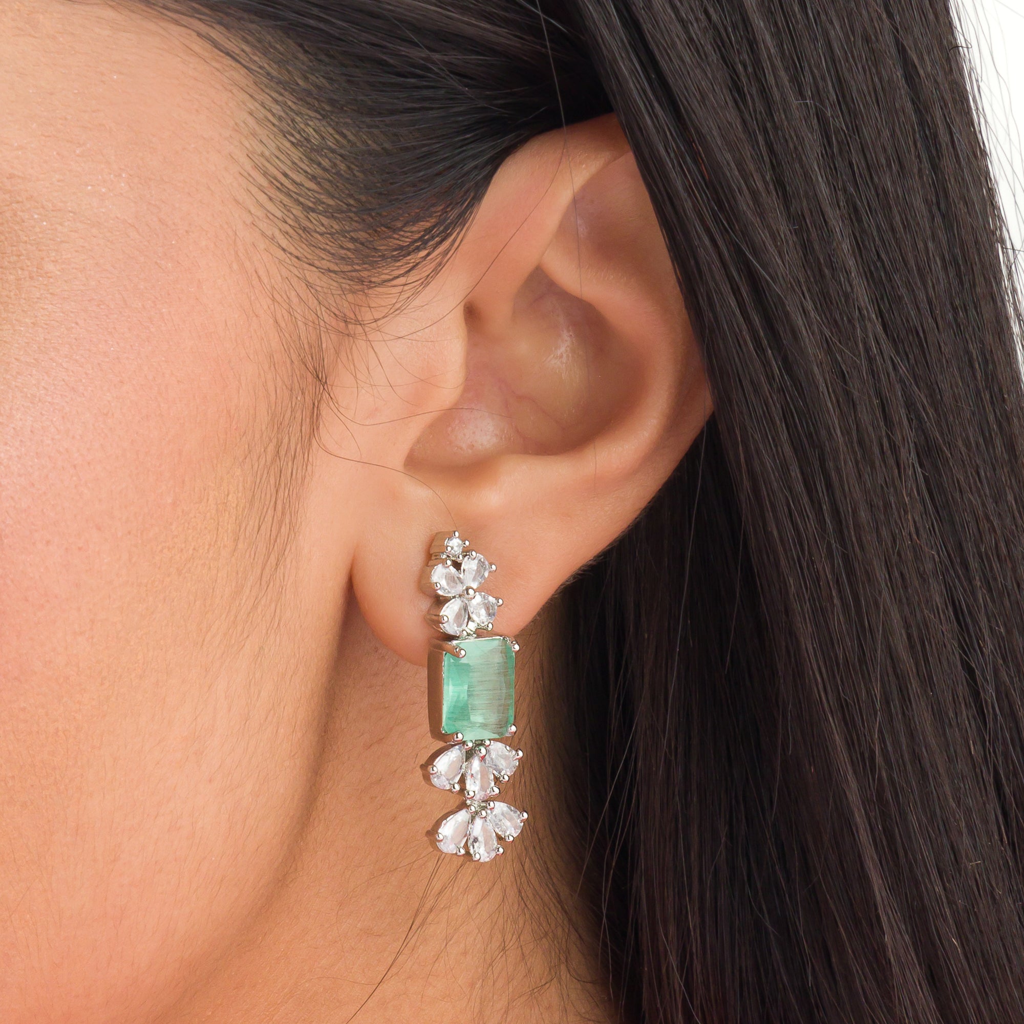 "Trendy pink and green zircon necklace in square design offers chic, modern elegance."
