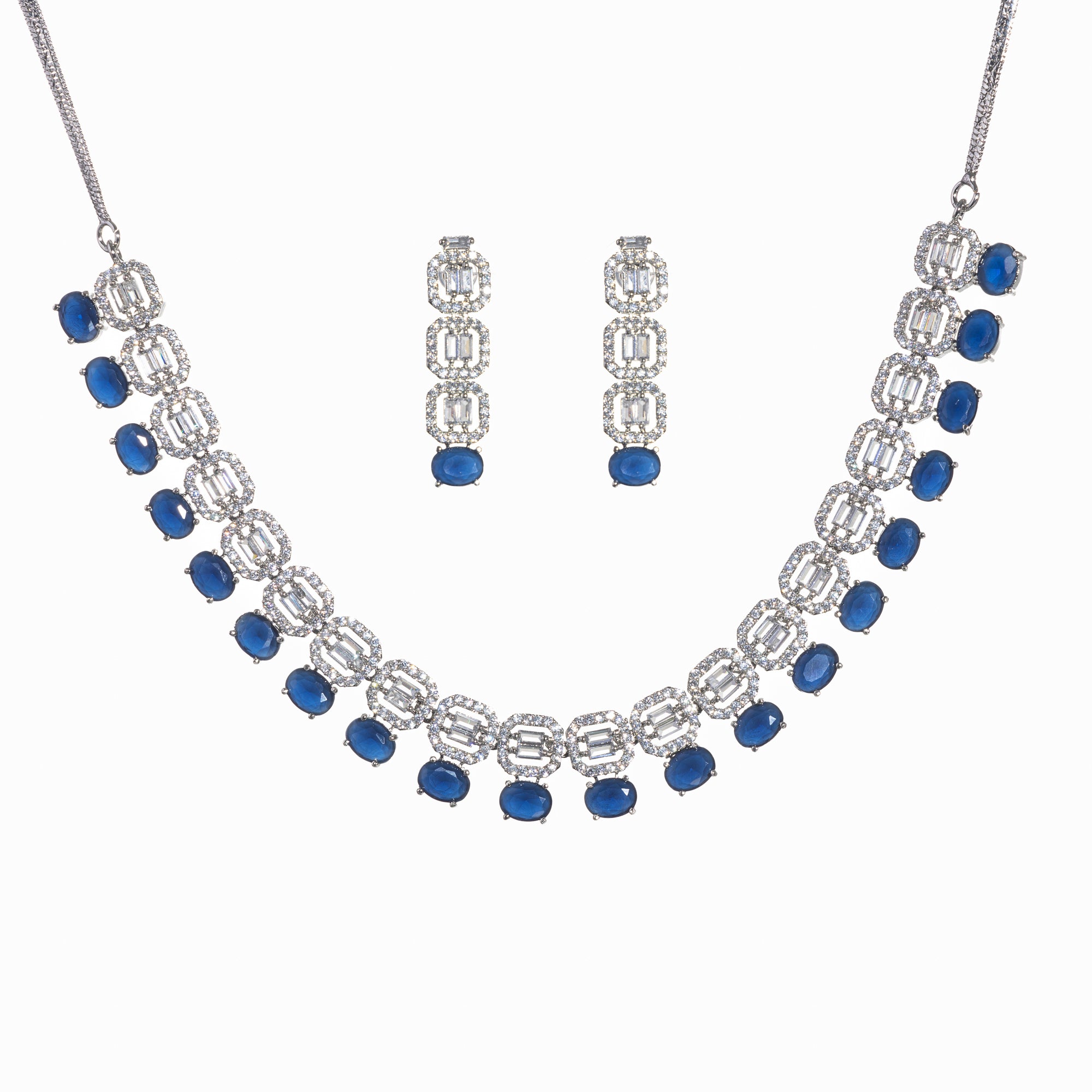 "Dark blue zircon square necklace adds bold sophistication and deep color."
