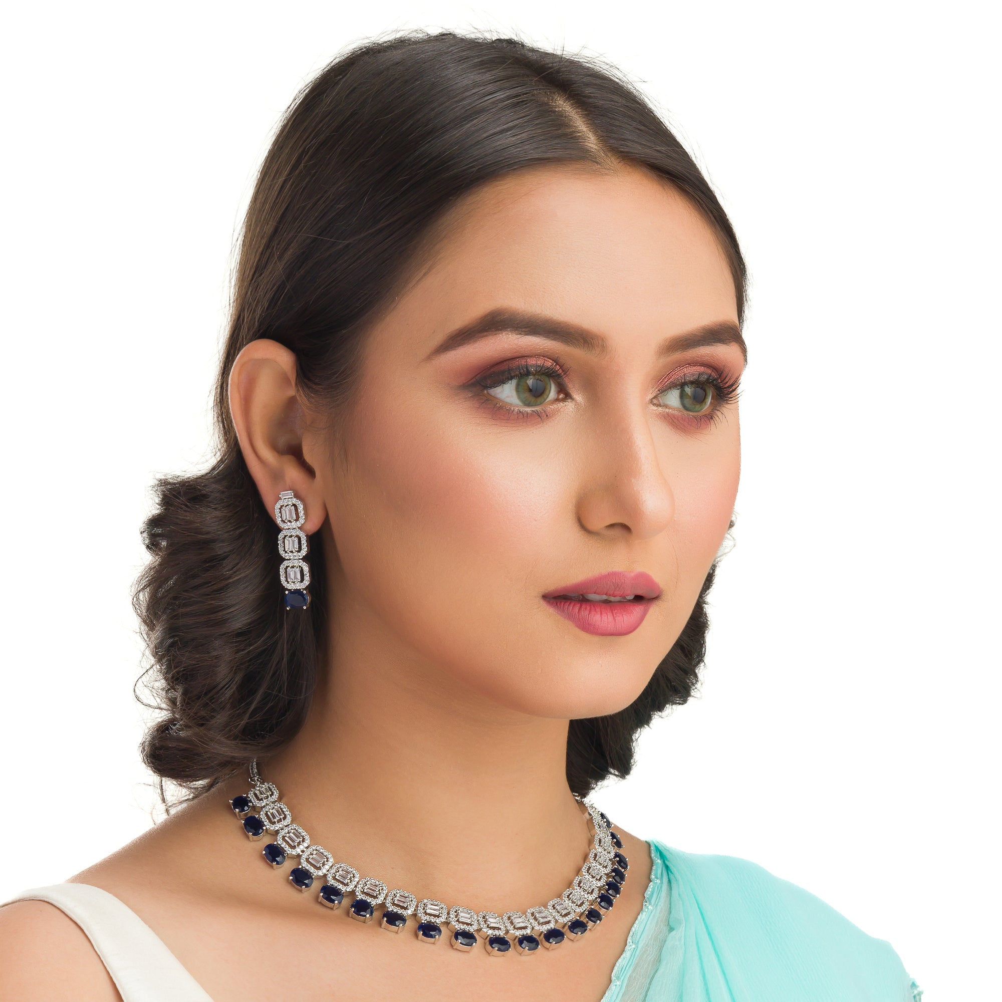 "Dark blue zircon square necklace adds bold sophistication and deep color."
