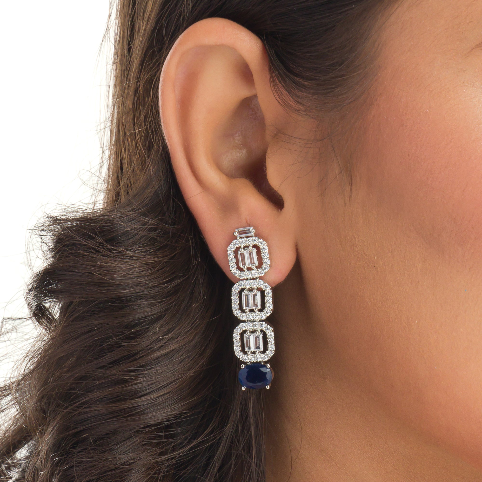 "Dark blue zircon square necklace adds bold sophistication and deep color."

