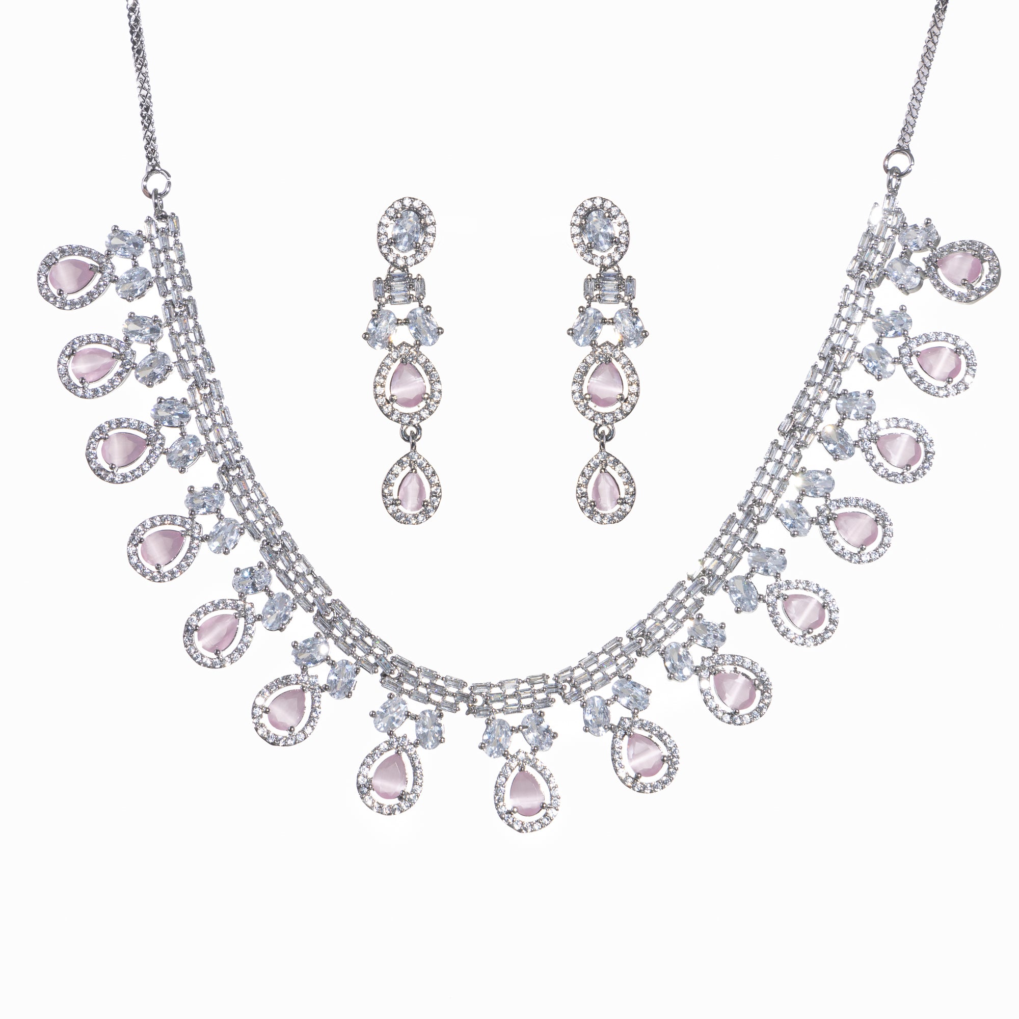 1. "Pink and white zircon necklace with silver polish creates a stunning, radiant look."
