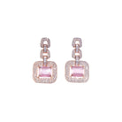"Pink square and white zircon necklace with rose gold polish shines elegantly."
