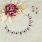 "Red and silver zircon necklace combines sleek silver polish with sophisticated elegance."
