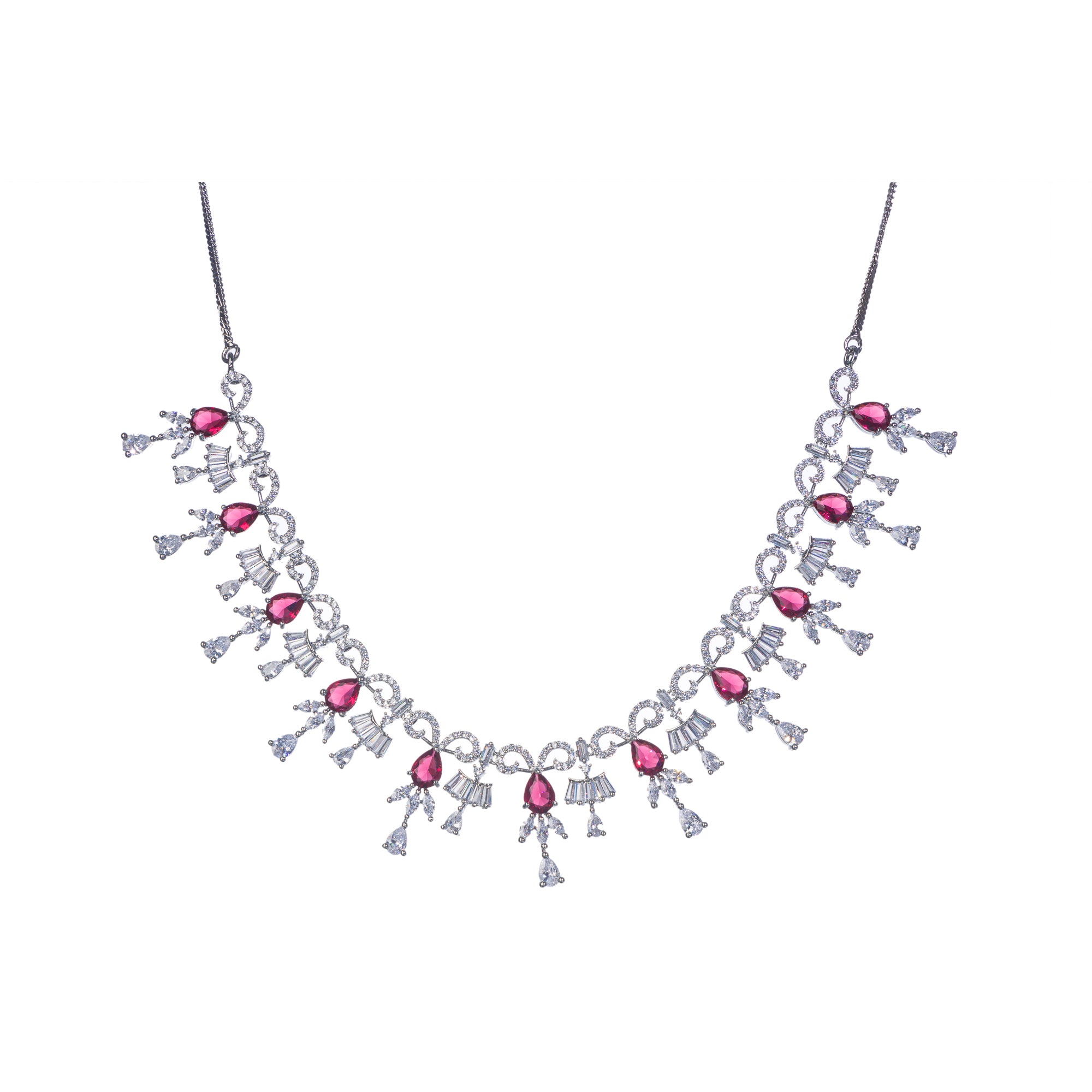 "Red and silver zircon necklace combines sleek silver polish with sophisticated elegance."
