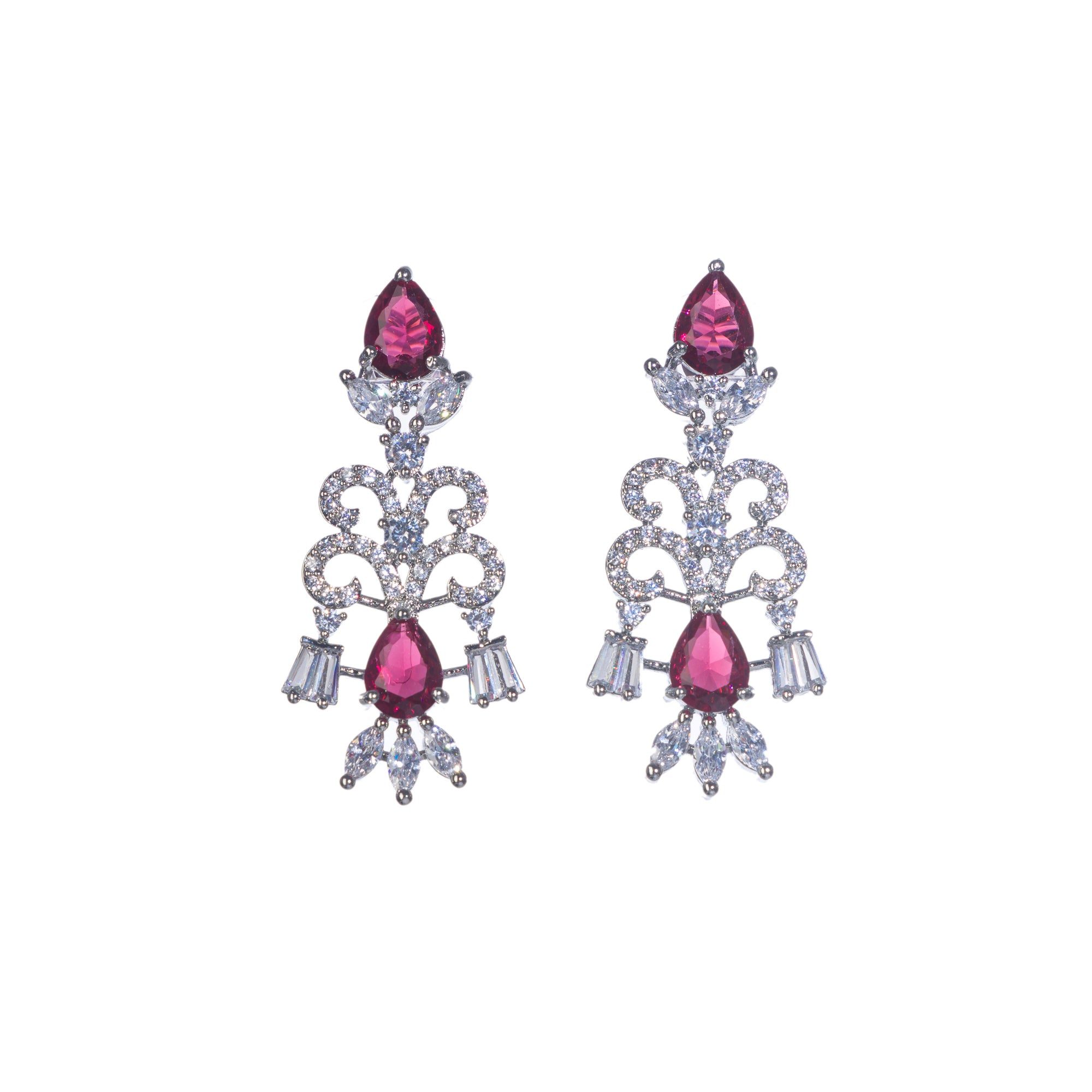"Red and silver zircon necklace combines sleek silver polish with sophisticated elegance."
