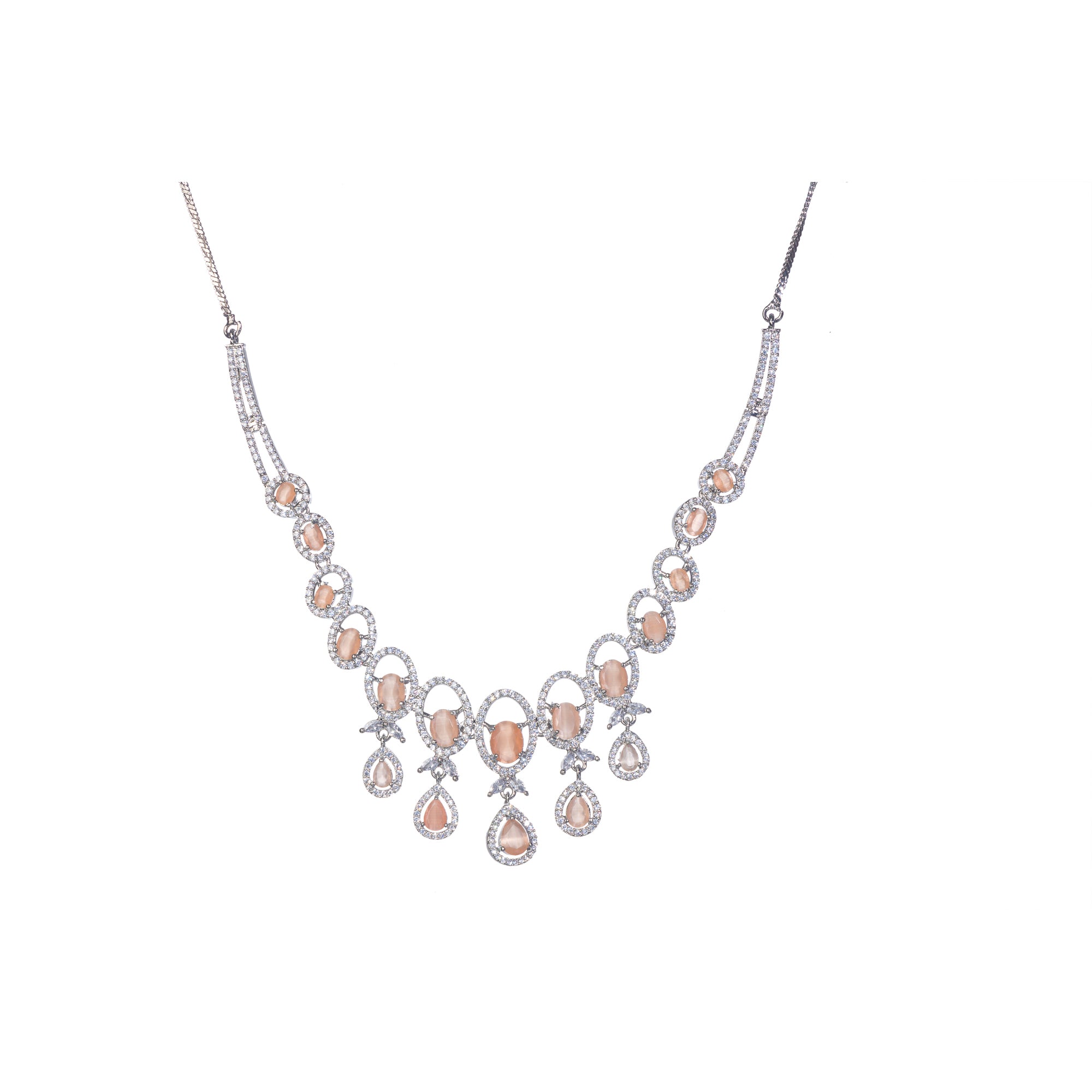 Salmon zircon necklace dazzles with its warm, unique glow for a stylish statement."

