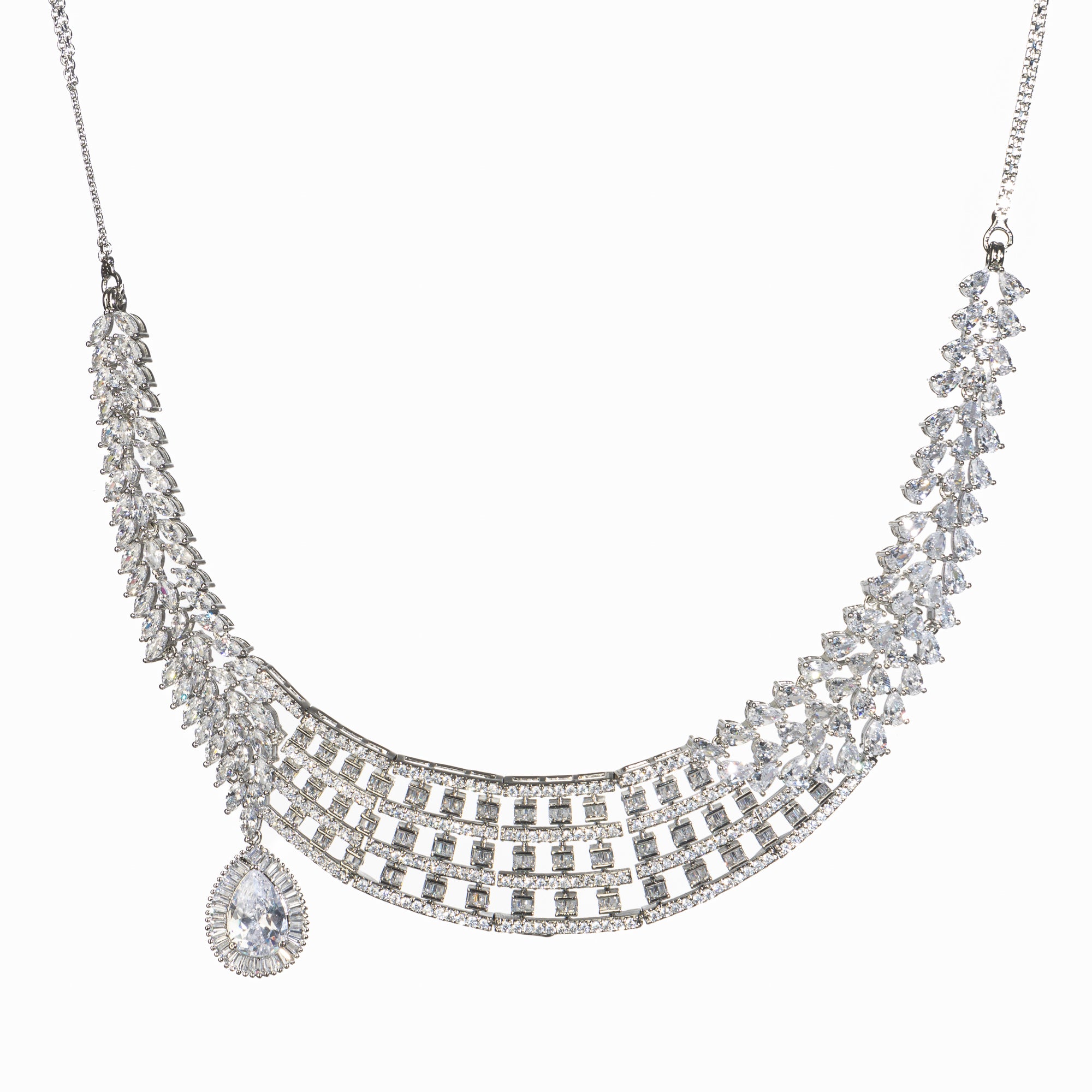 1. "Zircon necklace with a large drop stone adds dramatic sparkle to any look."
