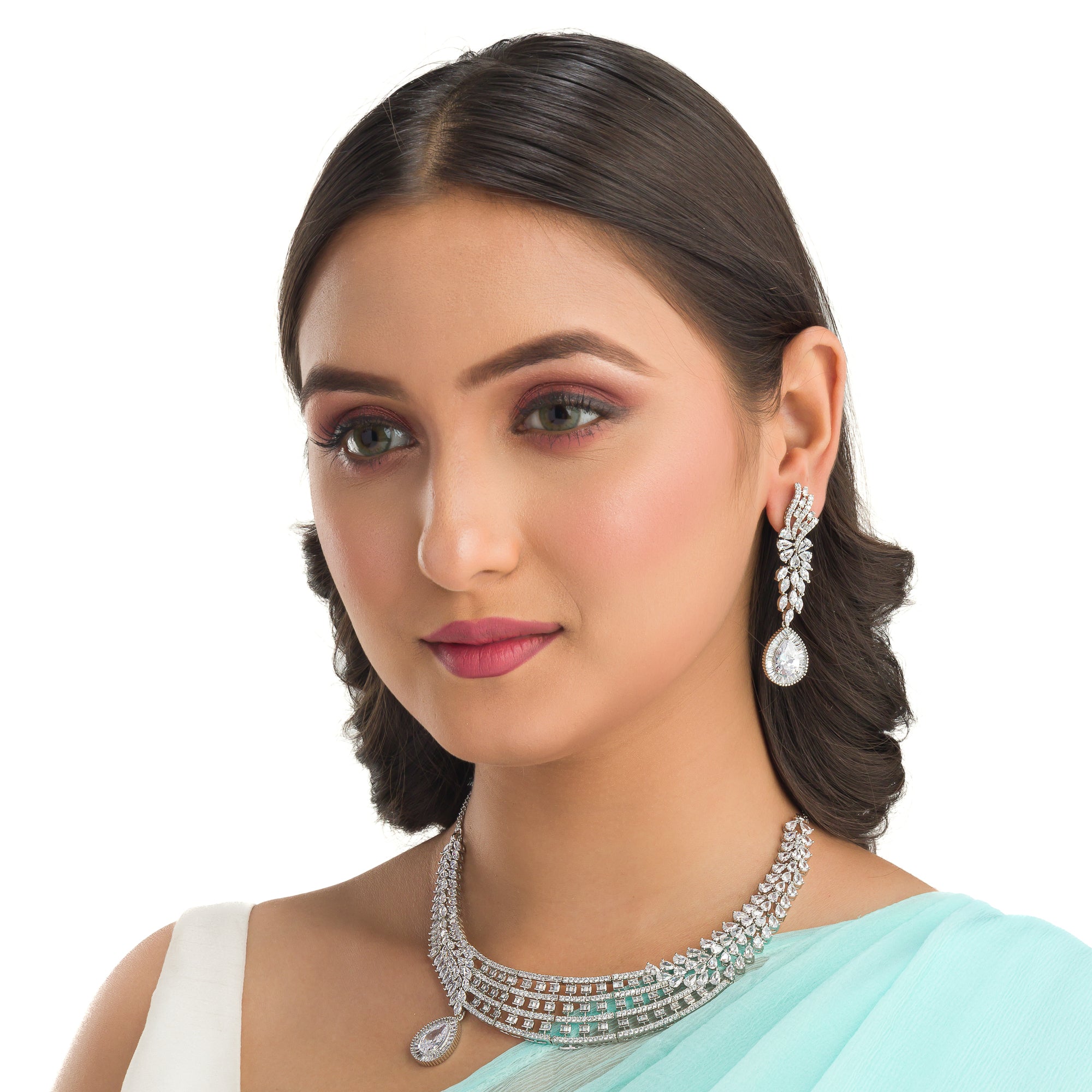 1. "Zircon necklace with a large drop stone adds dramatic sparkle to any look."
