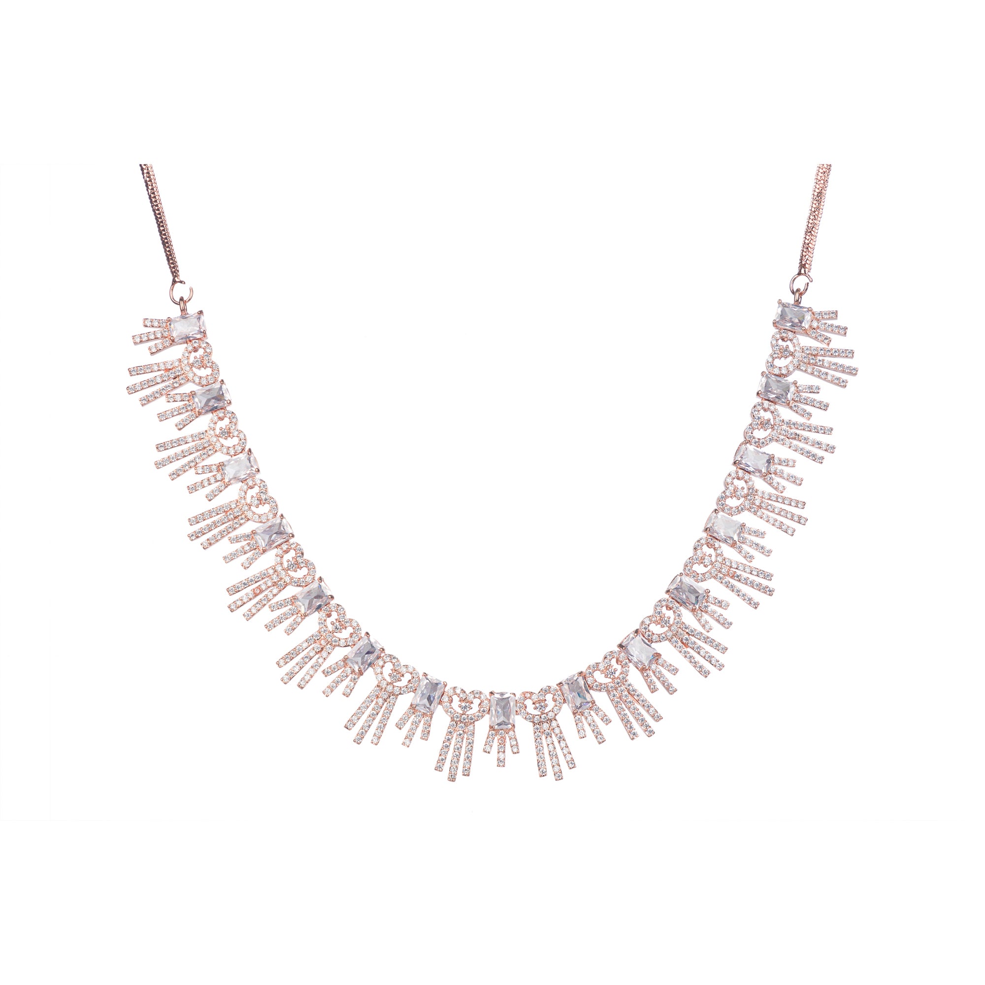 "Elegant rose gold zircon necklace exudes sophistication with timeless sparkle."
