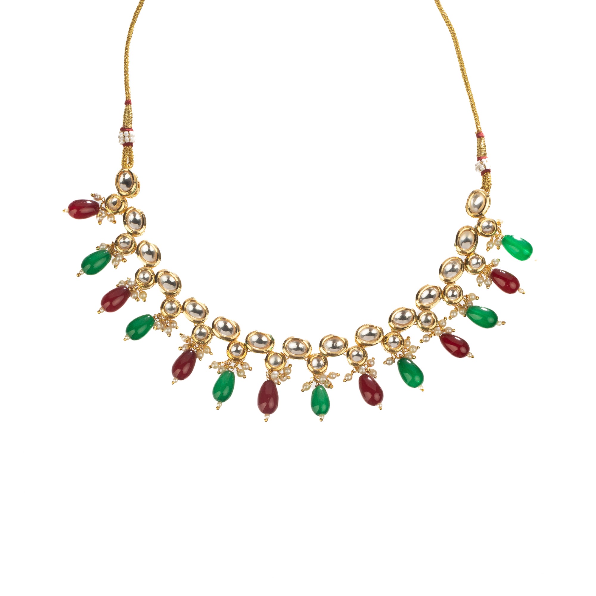 Elegant multicolor Kundan necklace with green and maroon stones for a regal, sophisticated party look.
