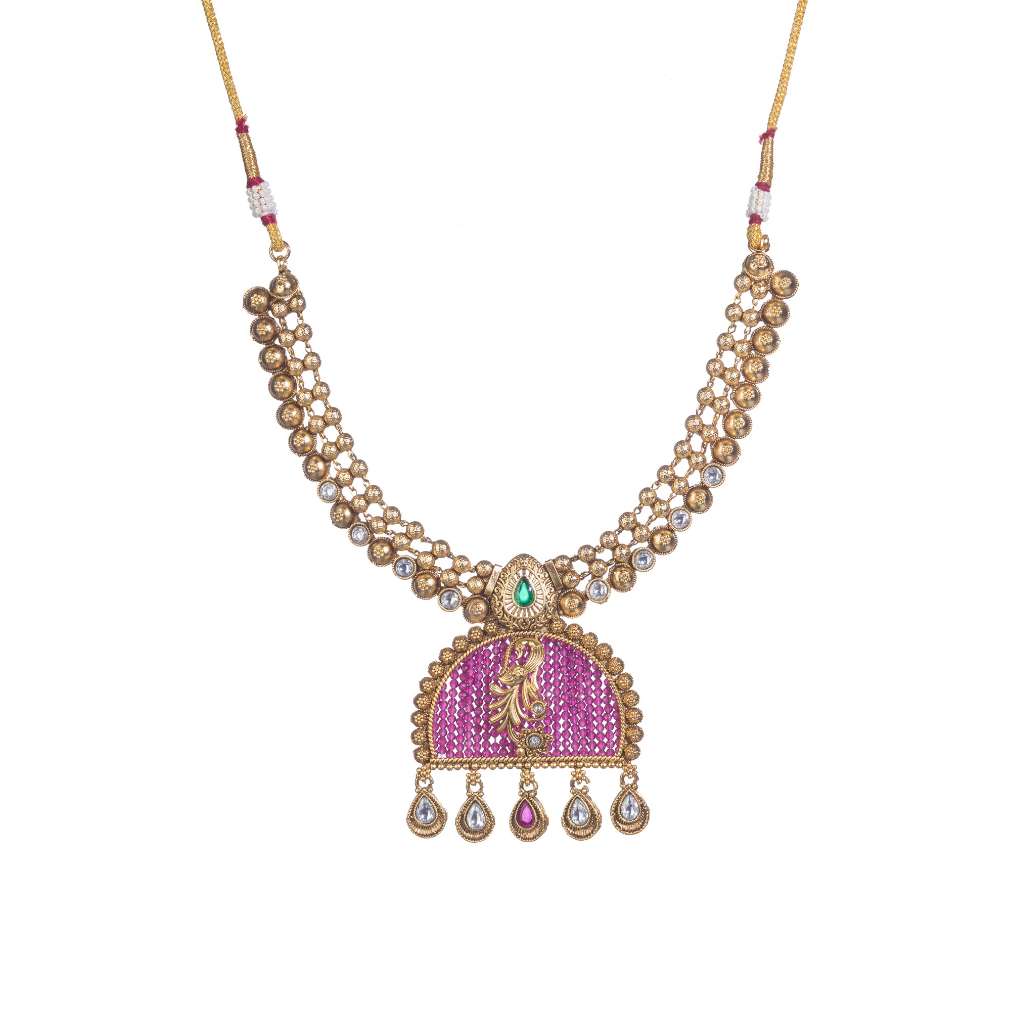 Elegant pink gold-tone short necklace exudes understated charm for a graceful festival look.
