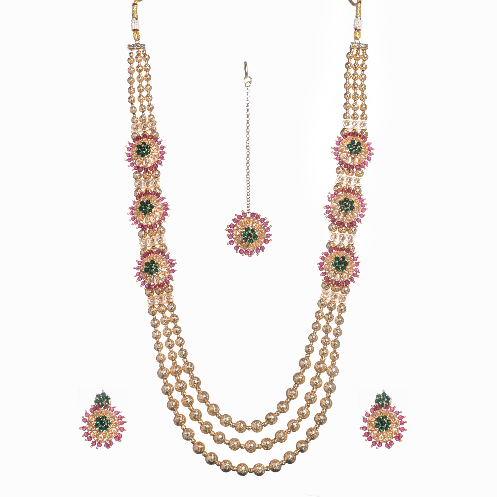 Kundan choker with maroon and green stones offers a regal and vibrant festival look.
