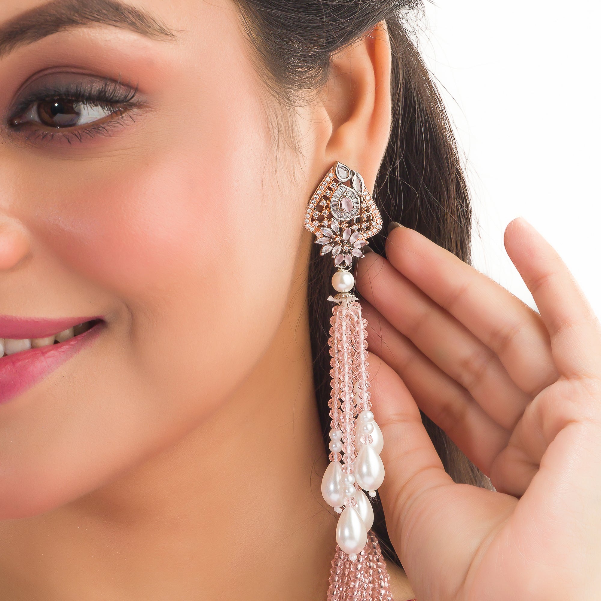 A short necklace with vibrant multi-colour stones brings playful flair to festive attire.
