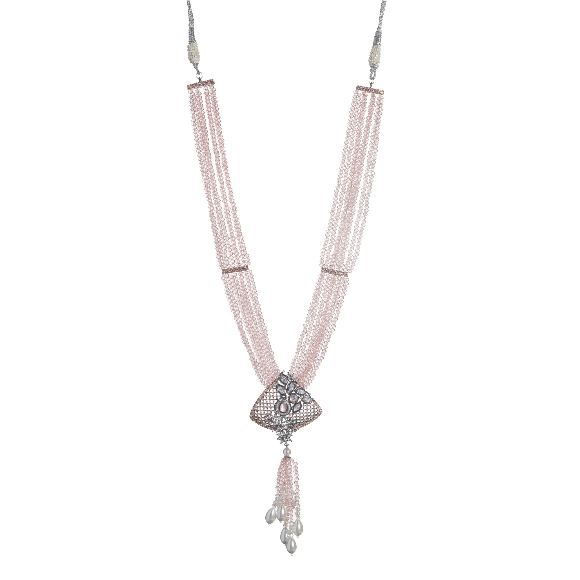 A short necklace with vibrant multi-colour stones brings playful flair to festive attire.
