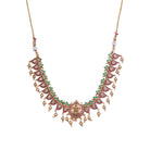 Gold long necklace with multi-color stones exudes vibrant elegance for a festive celebration.
