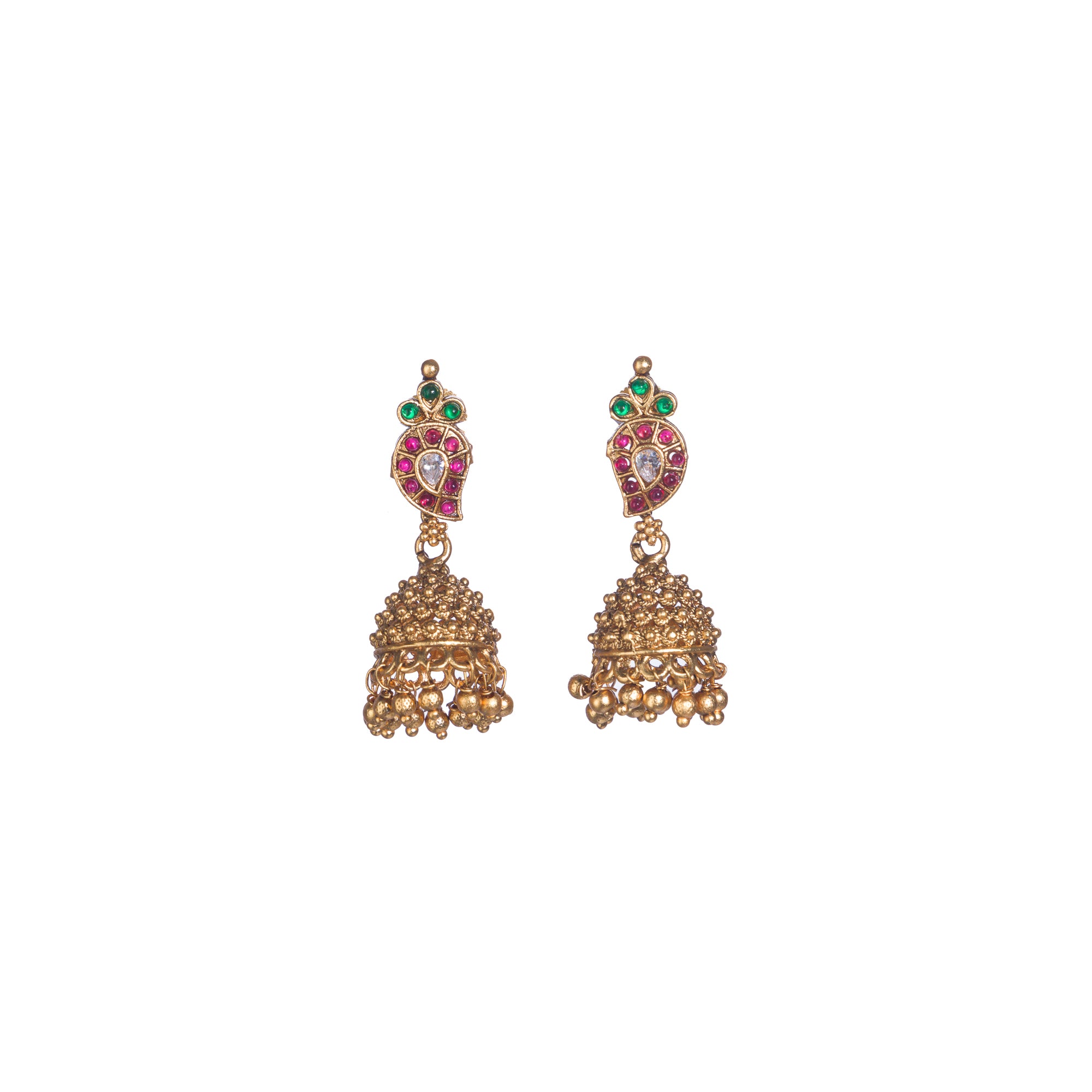 Gold long necklace with multi-color stones exudes vibrant elegance for a festive celebration.
